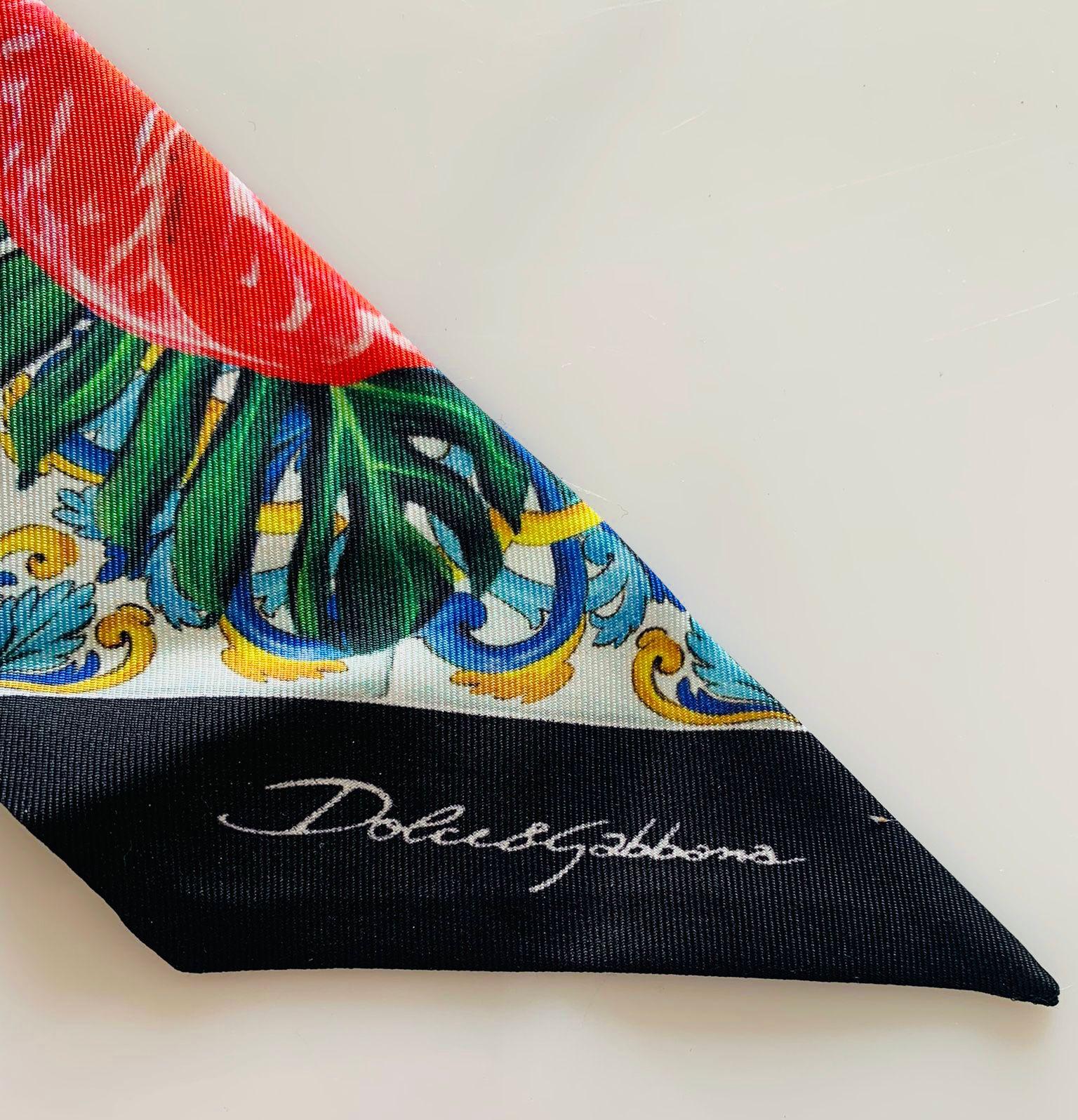 Beige Dolce & Gabbana Multicolor Silk Tropical Flowers Majolica Mini Silk Scarf Tie For Sale