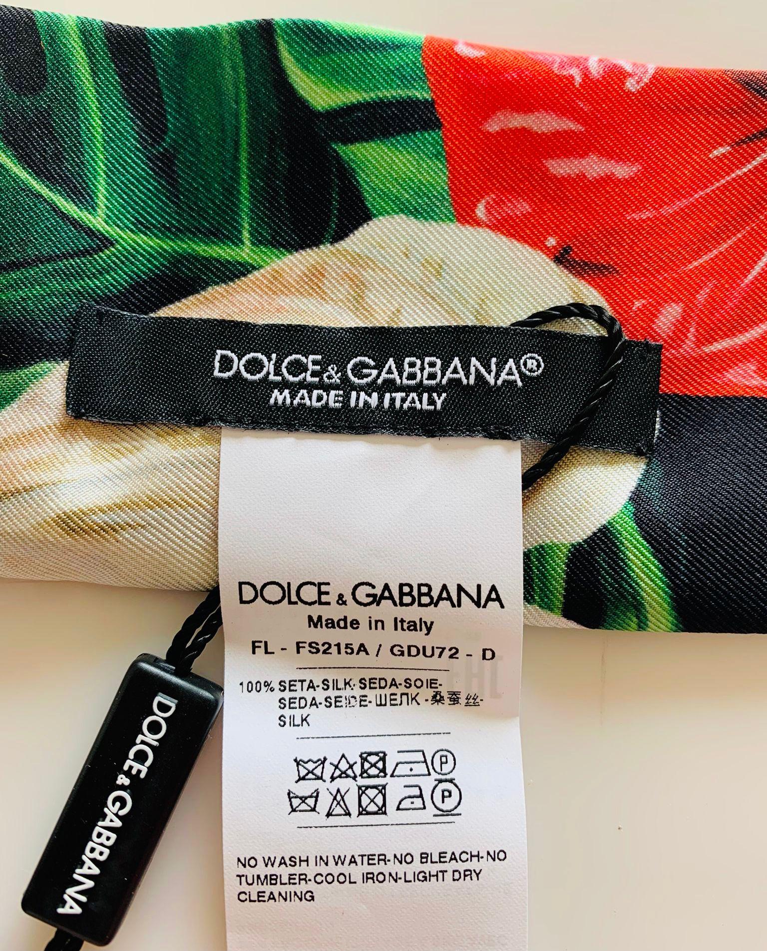Dolce & Gabbana Multicolor Silk Tropical Flowers Majolica Mini Silk Scarf Tie In New Condition For Sale In WELWYN, GB