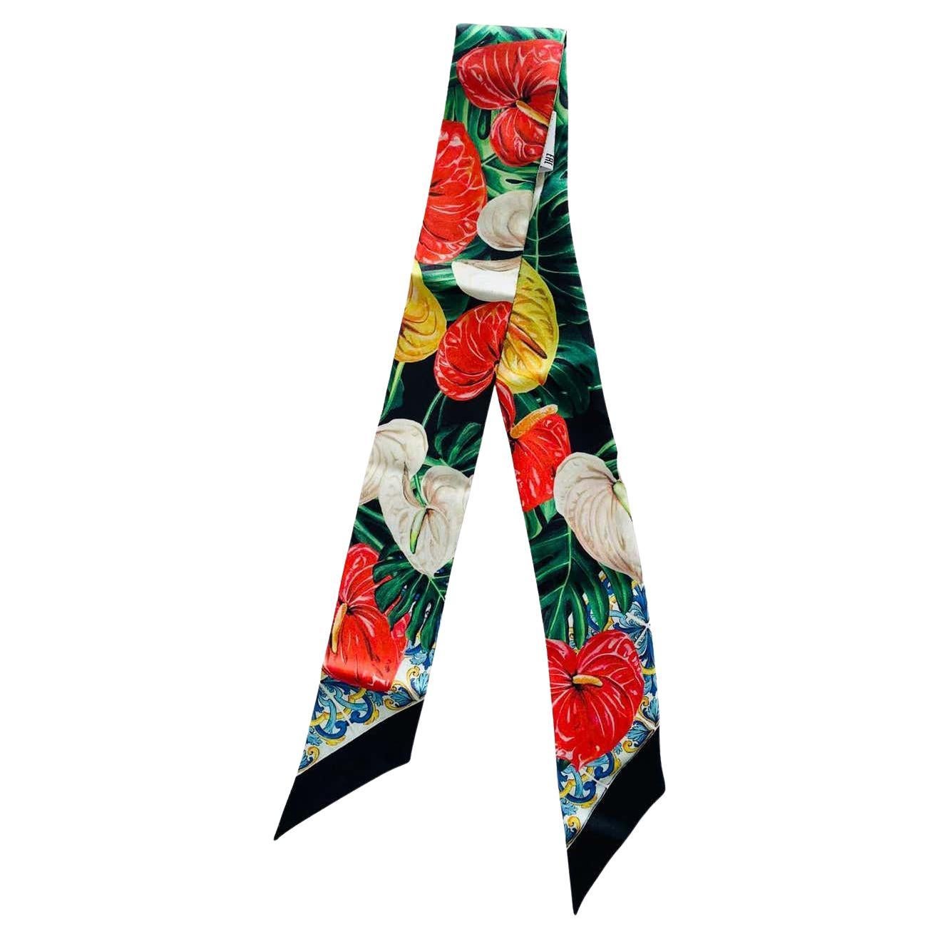 Dolce & Gabbana Multicolor Silk Tropical Flowers Majolica Mini Silk Scarf Tie For Sale