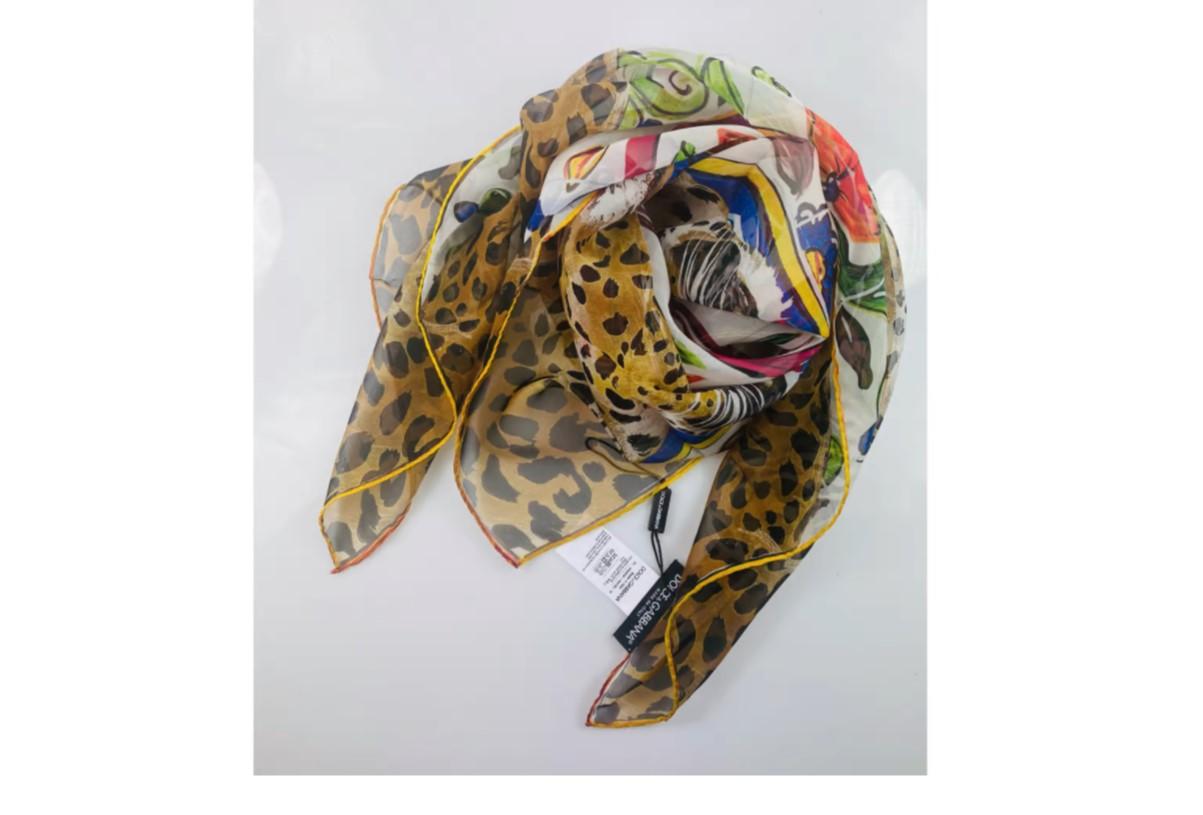 Brown Dolce & Gabbana Multicolor Silk Twill Leopard Maiolica Scarf Wrap DG Flowers