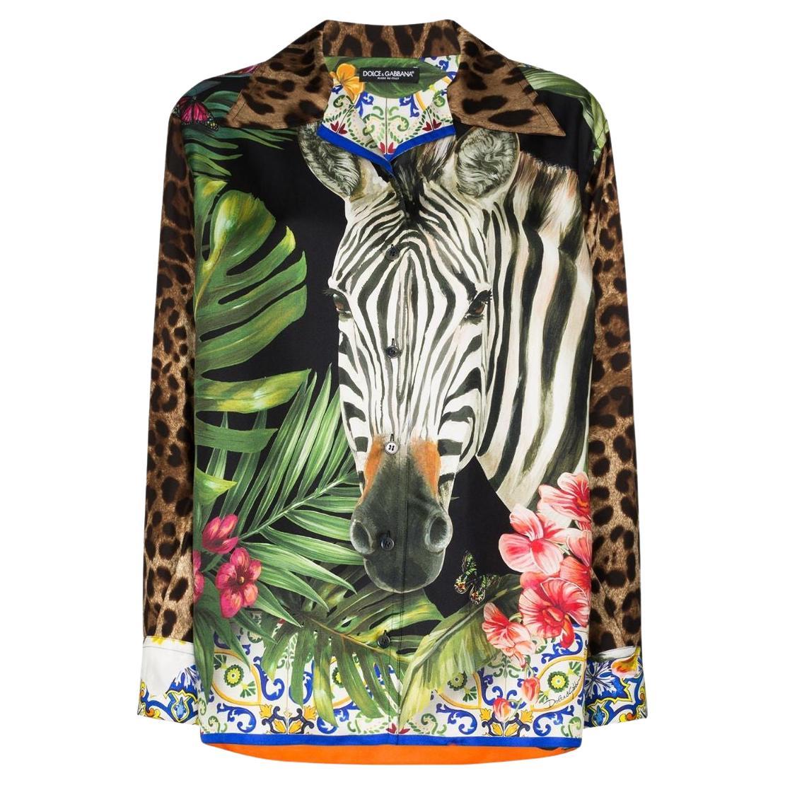 Dolce and Gabbana Multicolor Silk Zebra Tropical Flowers Oversized 