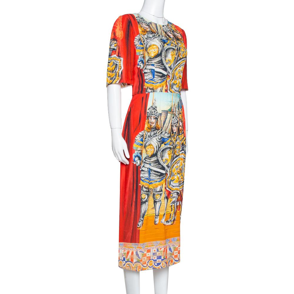 Beige Dolce & Gabbana Multicolor Soldiers Print Crepe Sheath Dress M