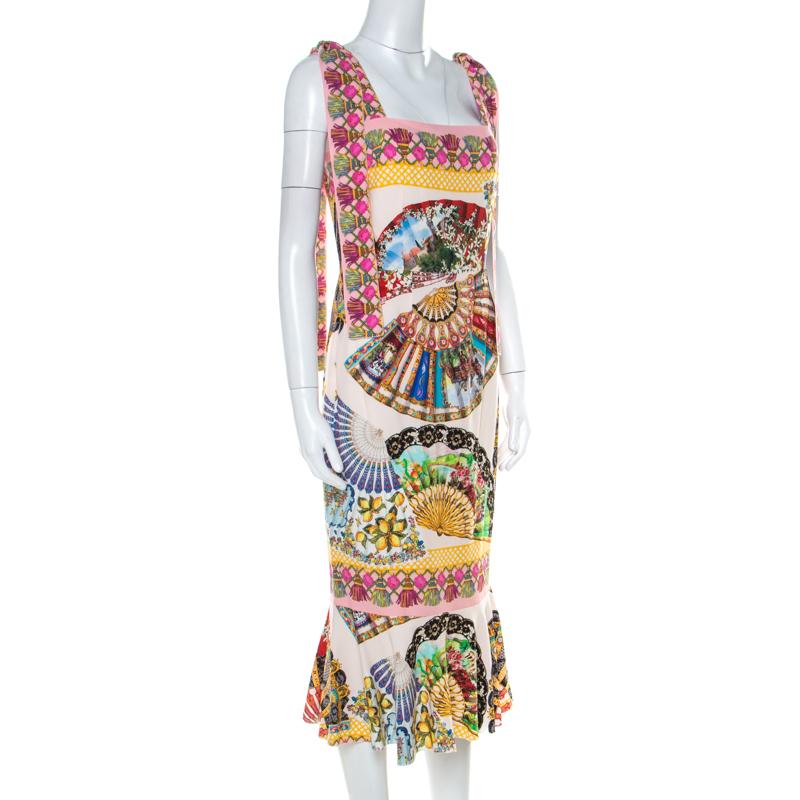 Beige Dolce & Gabbana Multicolor Stretch Silk Oriental Fan Print Flounce Dress M