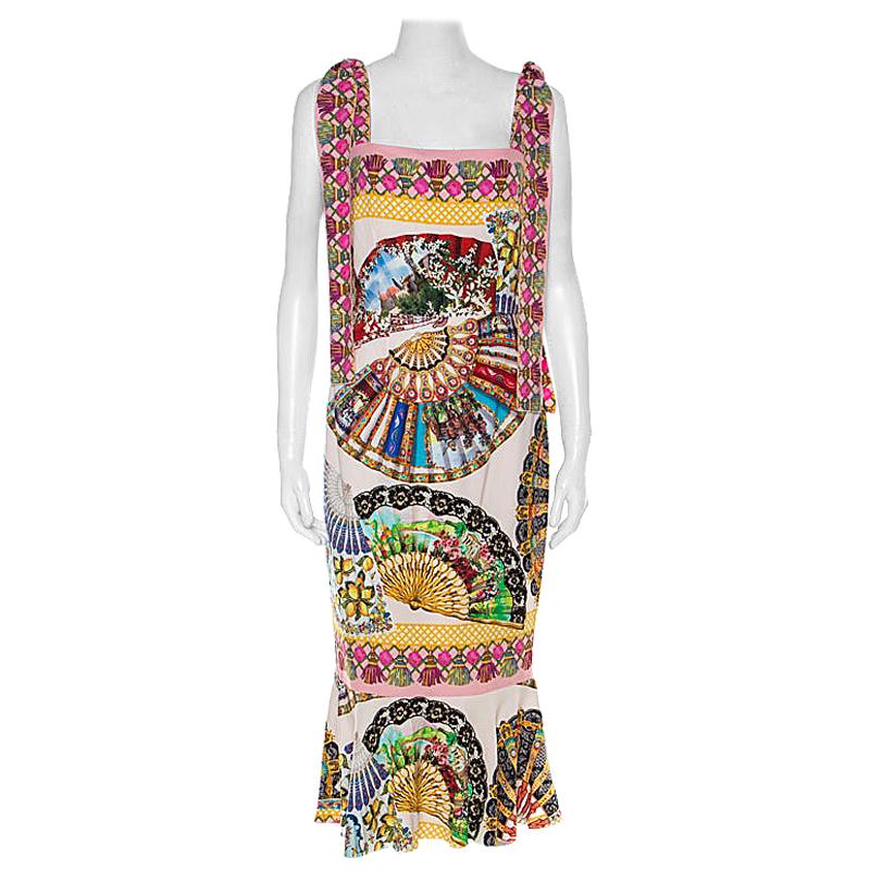 Dolce & Gabbana Multicolor Stretch Silk Oriental Fan Print Flounce Dress M