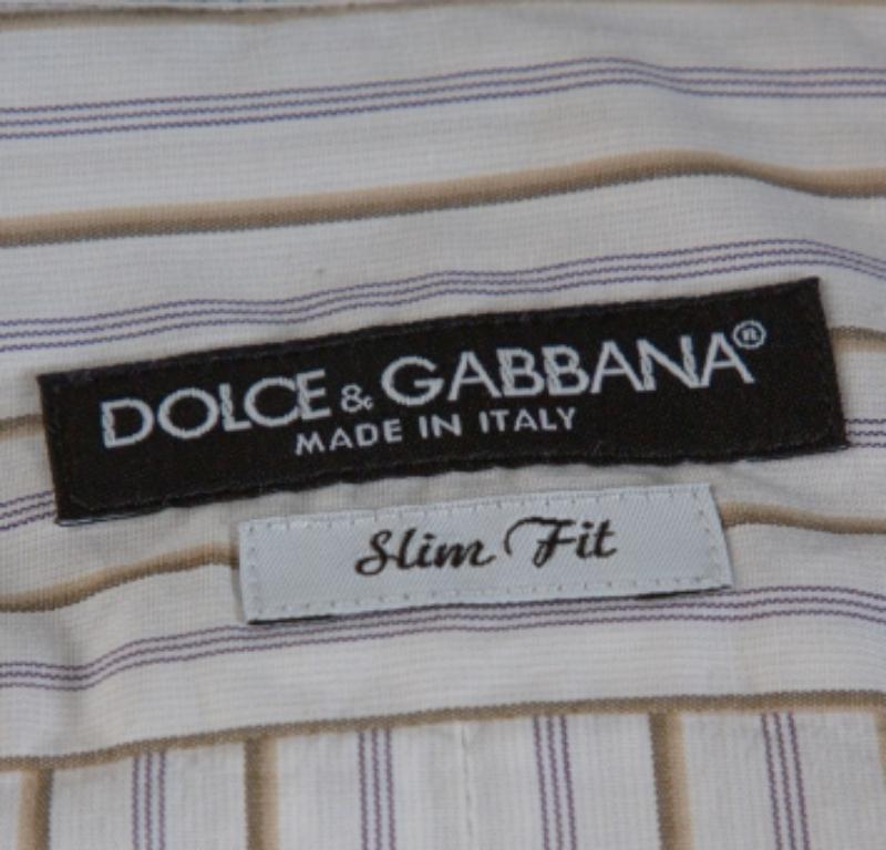 Gray Dolce & Gabbana Multicolor Striped Cotton Slim Fit Button Front Shirt S For Sale
