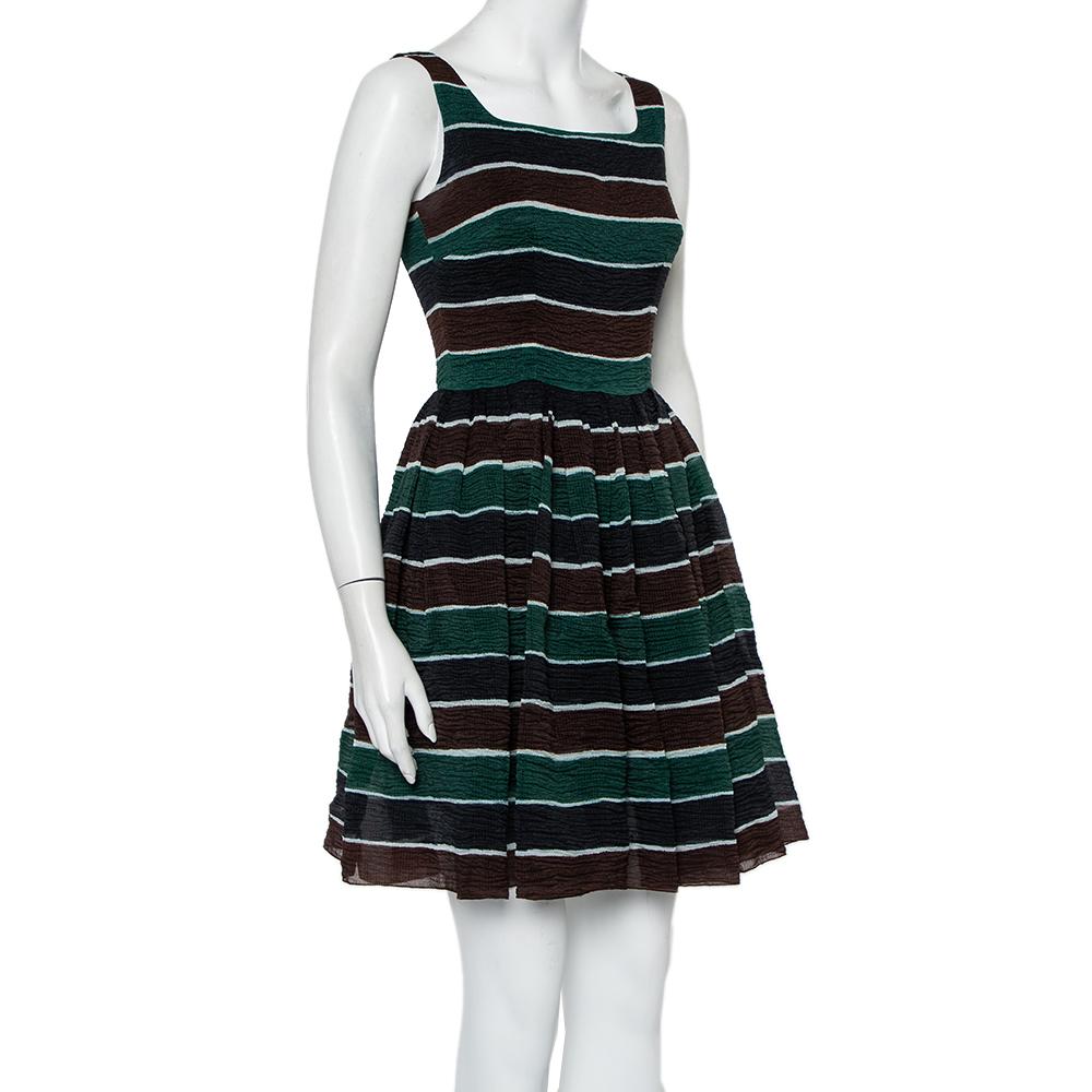 Black Dolce & Gabbana Multicolor Striped Textured Silk Pleated Mini Dress S