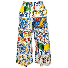 Dolce & Gabbana Multicolor Textured Cotton Majolica Print Cropped Trousers S