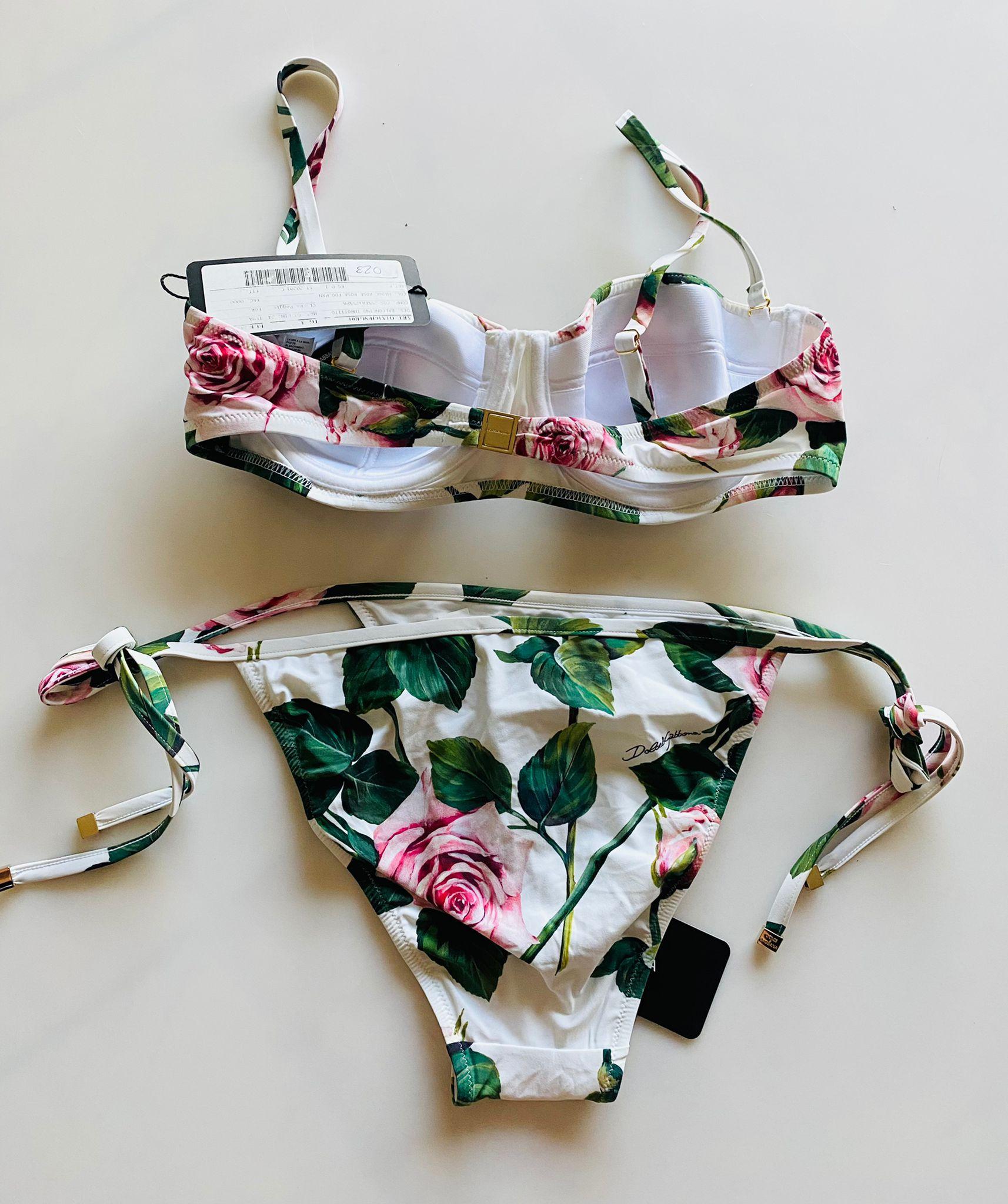 Dolce & Gabbana timeless balconette bikini top and bottoms set in fine fabric comes in TROPICAL ROSE print and is perfect for enhancing every woman’s femininity:
-	Bra with padded cups and wiring
-	Rear branded fastening in nickel-free gold-plated