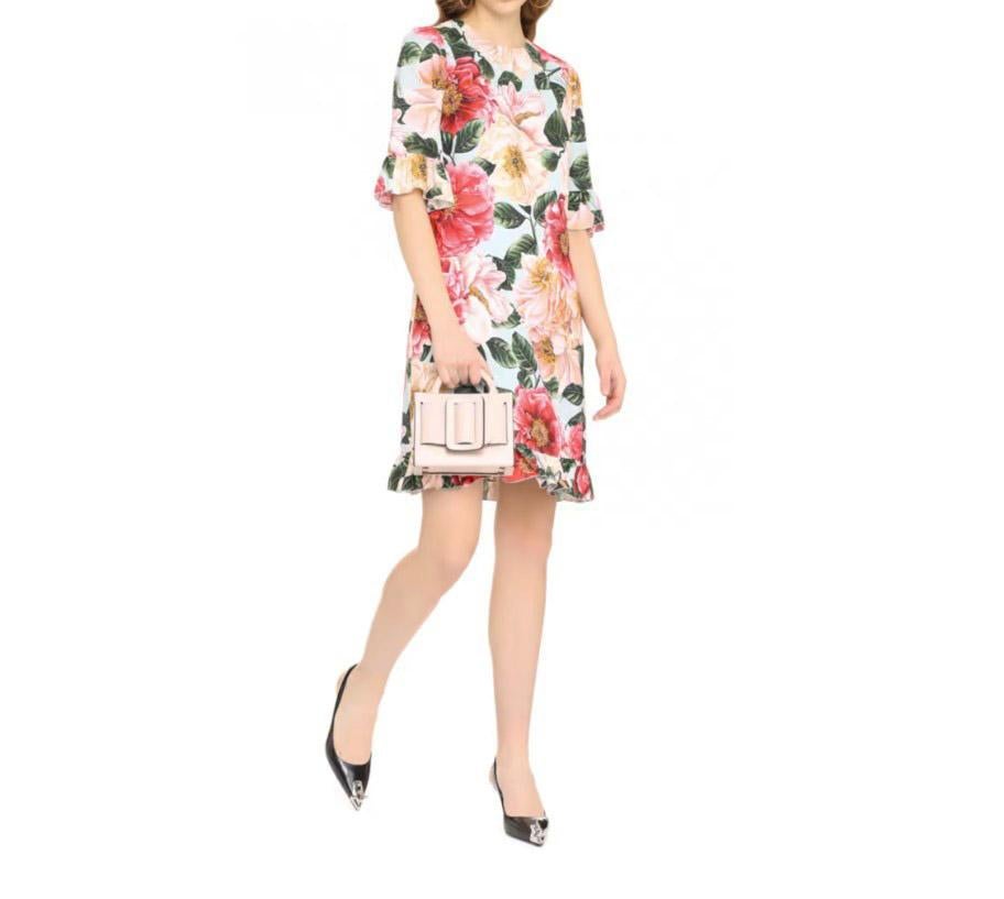 Beige Dolce & Gabbana Multicolor Viscose Camelia Floral Mid-length Dress Poplin DG For Sale