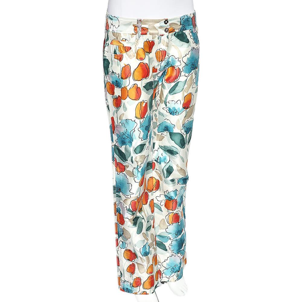 Gray Dolce & Gabbana Multicolor Watercolor Painted Silk Trousers M For Sale