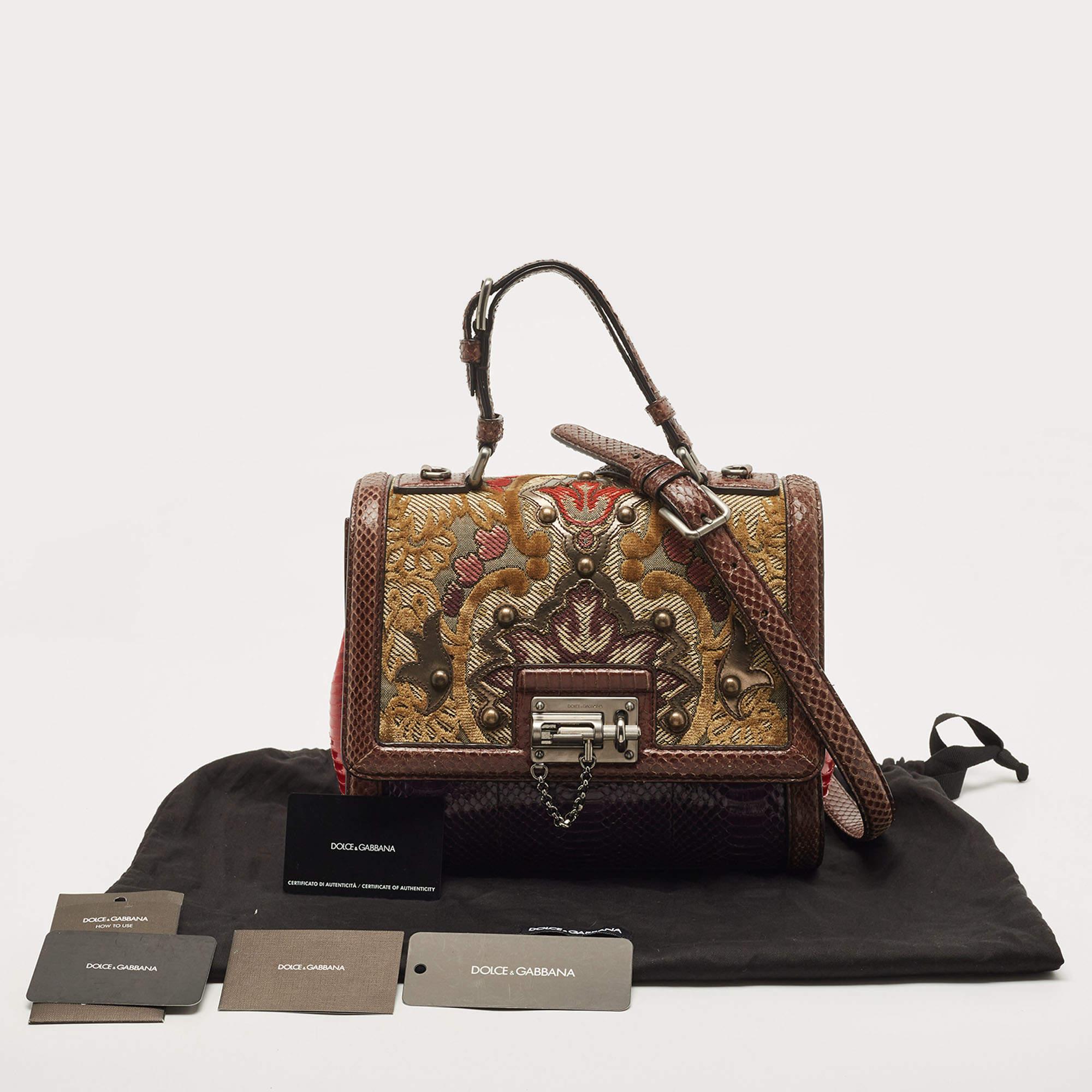 Dolce & Gabbana Multicolor Watersnake Leather and Brocade Fabric Top Handle Bag 12