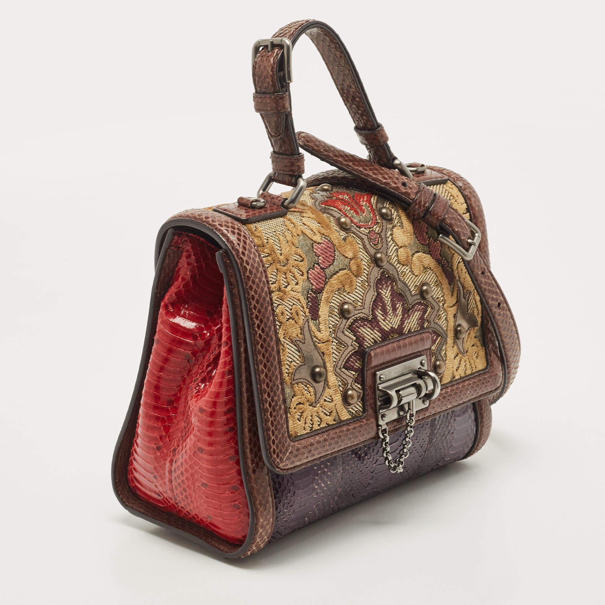 Brown Dolce & Gabbana Multicolor Watersnake Leather and Brocade Fabric Top Handle Bag