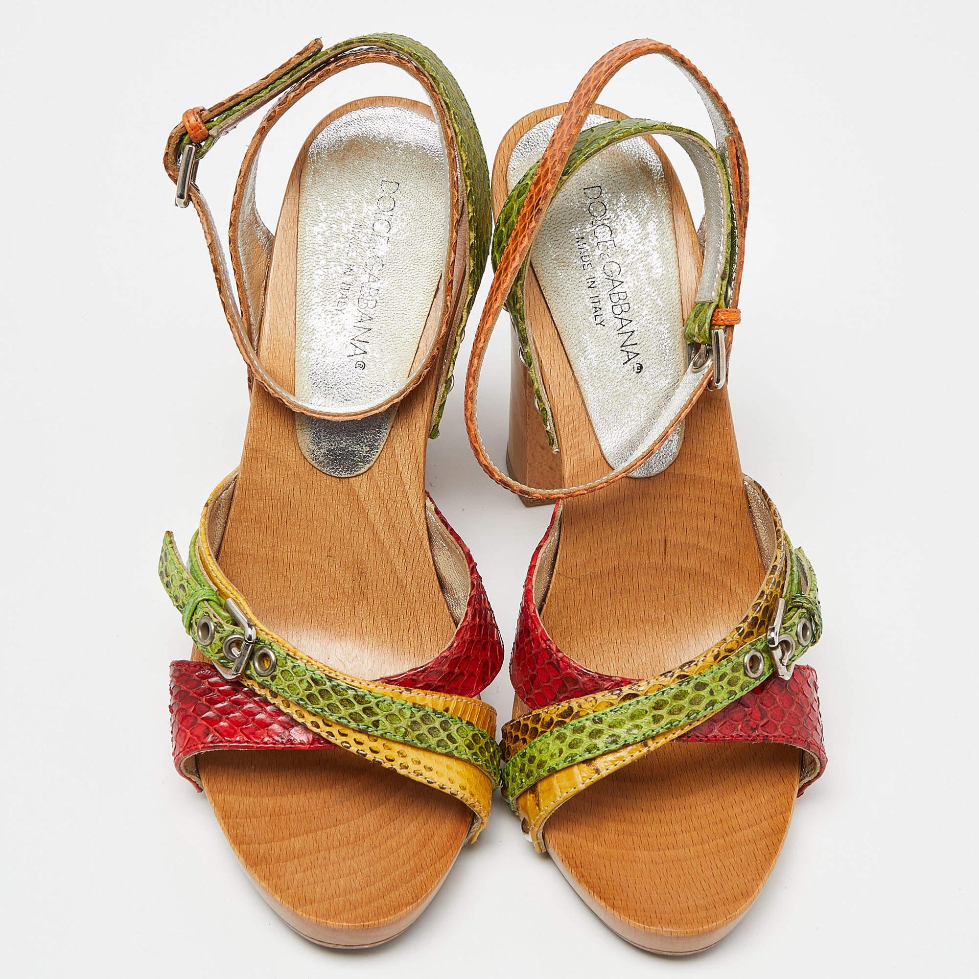 Marron Dolce & Gabbana - Sandales à talons blocs en cuir serpent multicolore, taille 36 en vente