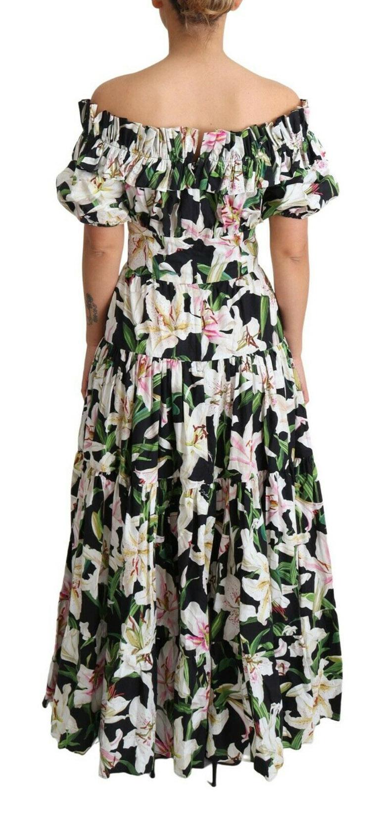Dolce & Gabbana Multicolor White Black Cotton Lily Floral Maxi Dress Flowers DG In New Condition In WELWYN, GB
