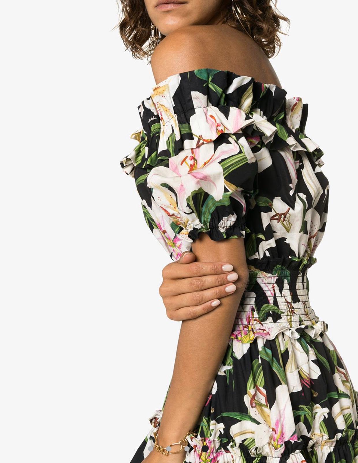 Dolce & Gabbana Multicolor White Black Cotton Lily Floral Midi Dress Flowers DG In New Condition In WELWYN, GB