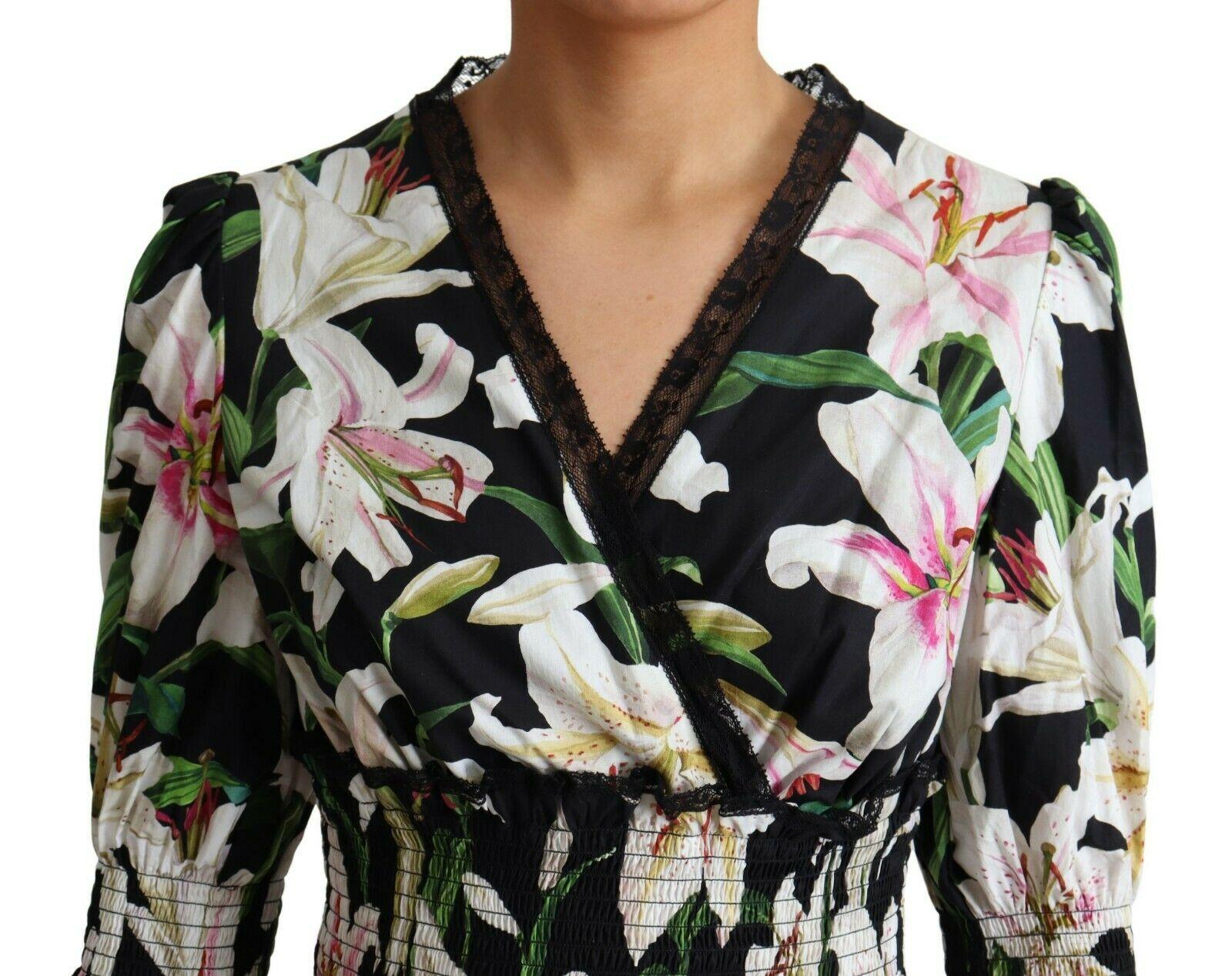 Dolce & Gabbana Multicolor White Black Cotton Lily Floral Midi Dress Flowers DG In New Condition For Sale In WELWYN, GB