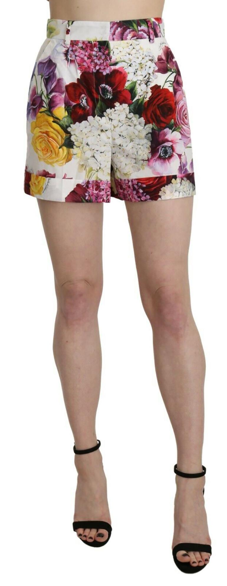Dolce & Gabbana Mehrfarbige Blumen Shorts aus weißer Baumwolle mit Rosen- Hydrangea-Blumen (Grau)