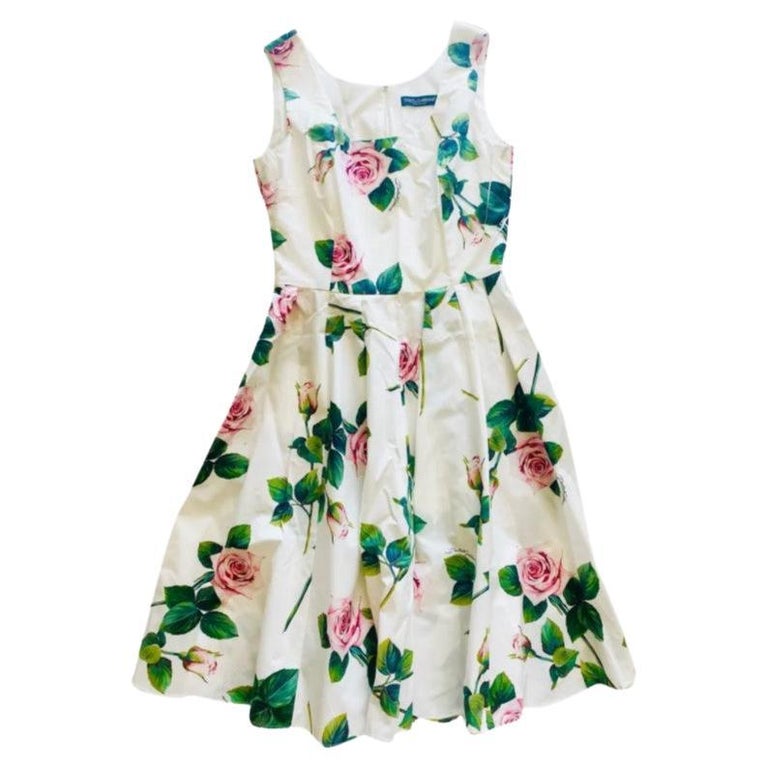Dolce and Gabbana Mehrfarbig Weiß Baumwolle Tropical Rose Mid-length Kleid  Blumen im Angebot bei 1stDibs