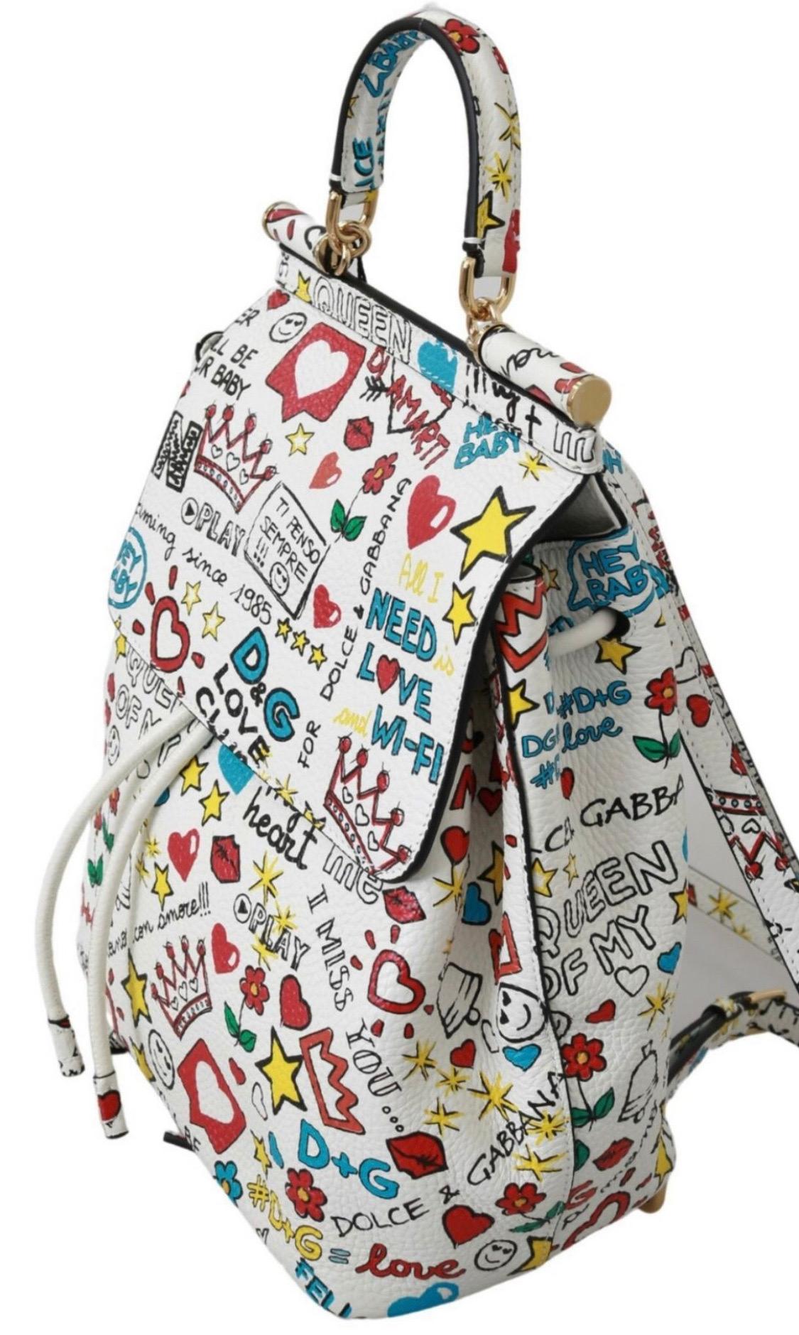 Women's Dolce & Gabbana Multicolor White Leather Sicily Backpack Travel Bag DG Love For Sale