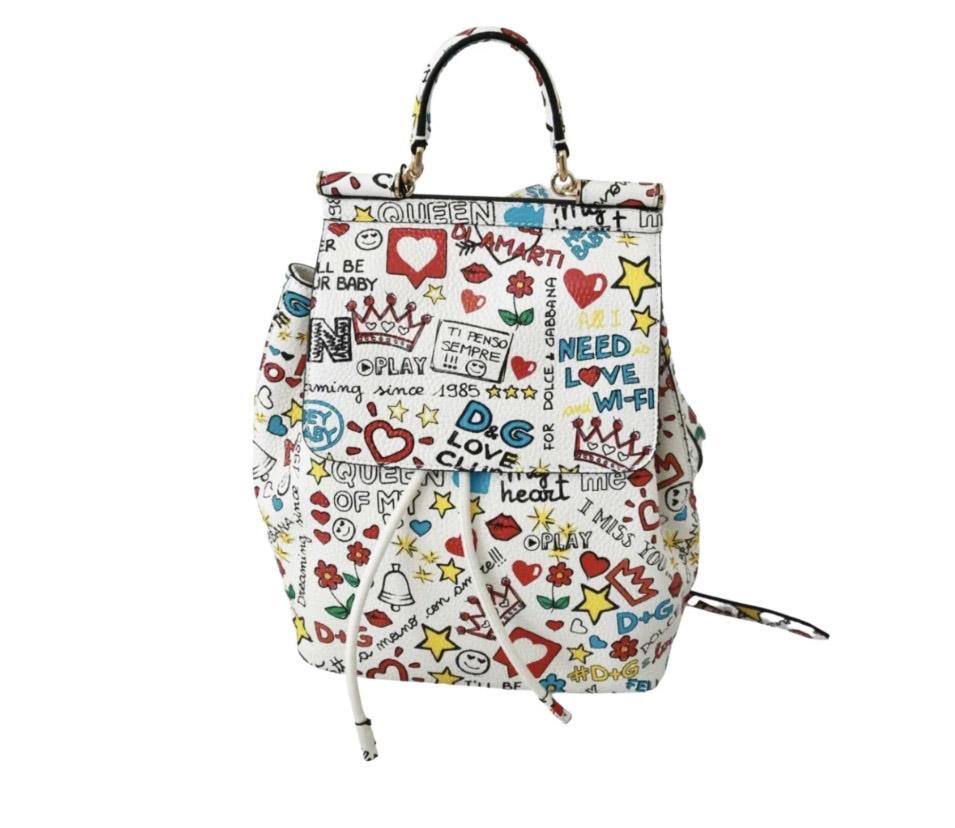 Dolce & Gabbana Multicolor White Leather Sicily Backpack Travel Bag DG Love For Sale 2