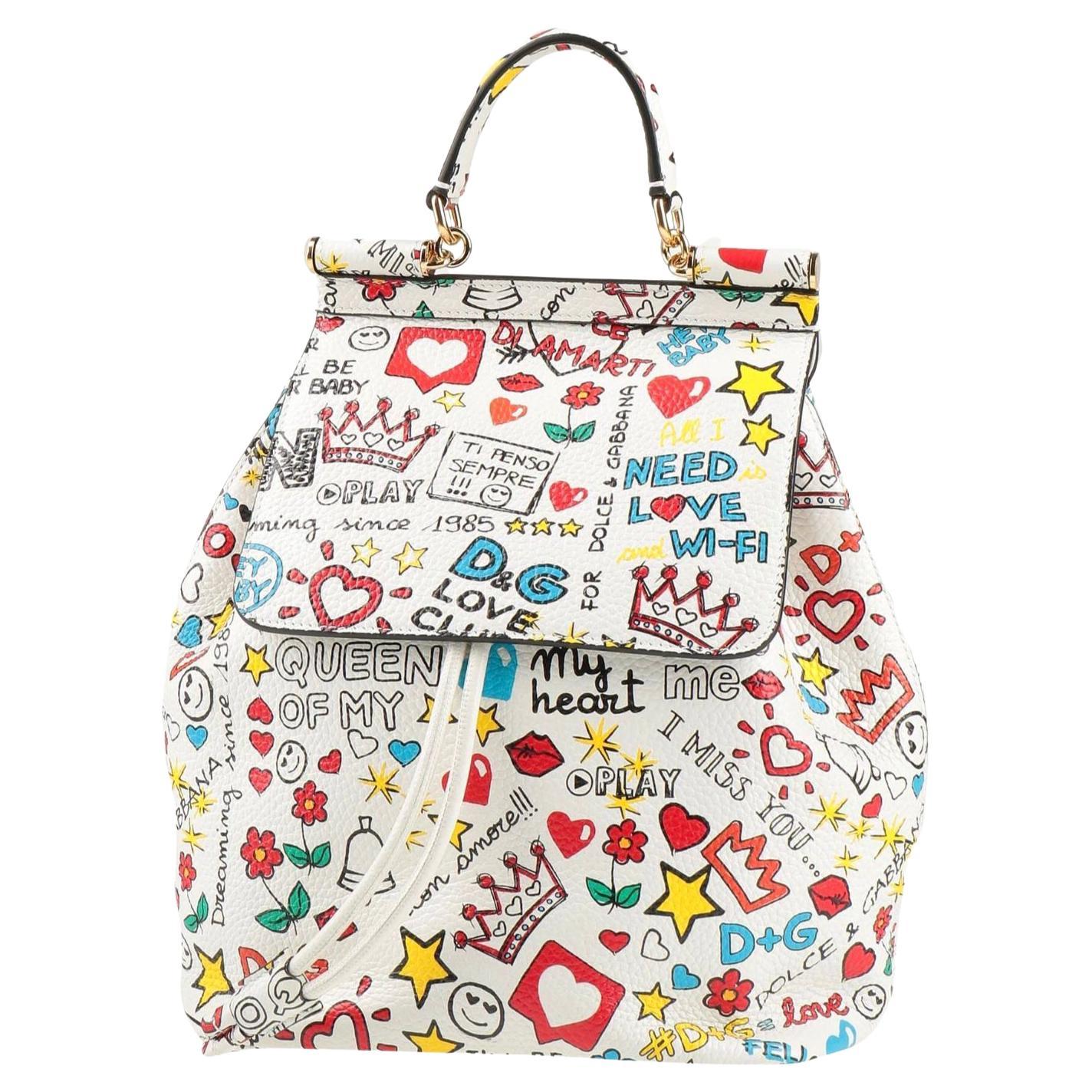 Dolce & Gabbana Multicolor White Leather Sicily Backpack Travel Bag DG Love For Sale