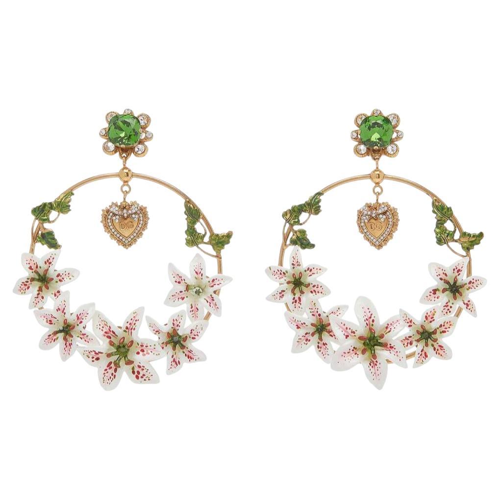 Dolce & Gabbana Multicolor White Lilies Floral Clip-on Dangle Earrings Devotion
