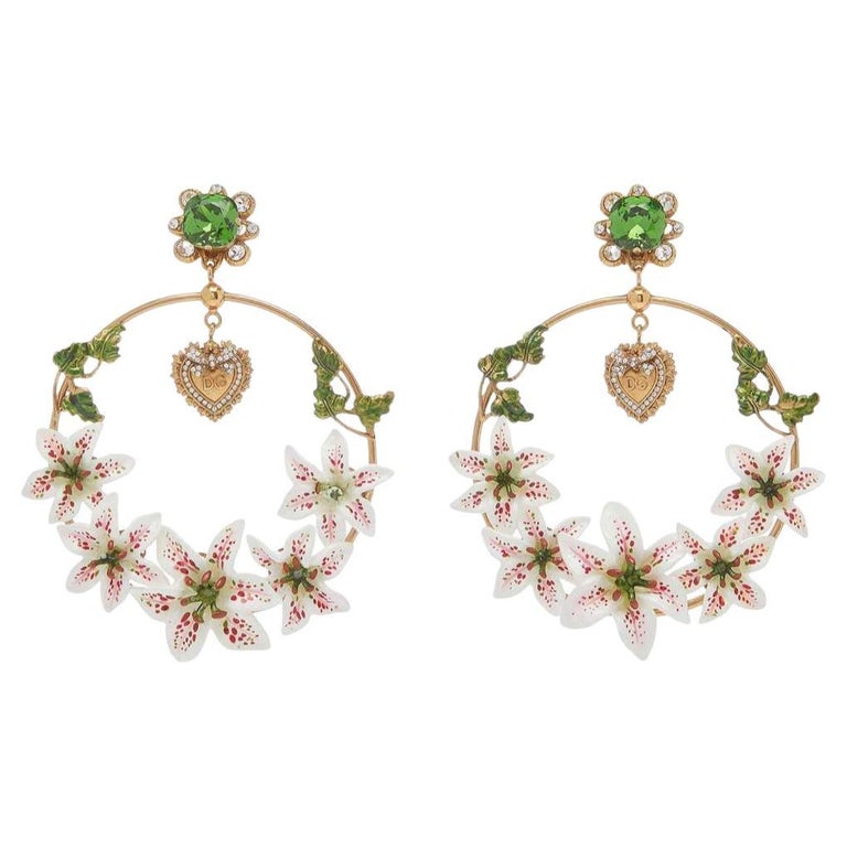 Dolce and Gabbana Multicolor White Lilies Floral Clip-on Dangle Earrings  Devotion at 1stDibs