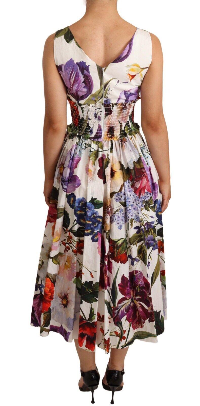 Dolce & Gabbana Multicolor Weiß Rot Baumwolle Blumen Ausgestelltes Mittellanges Kleid DG Damen im Angebot