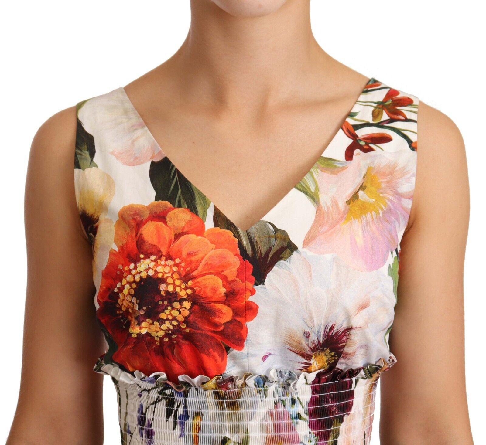 Dolce & Gabbana Multicolor Weiß Rot Baumwolle Blumen Ausgestelltes Mittellanges Kleid DG im Angebot 1