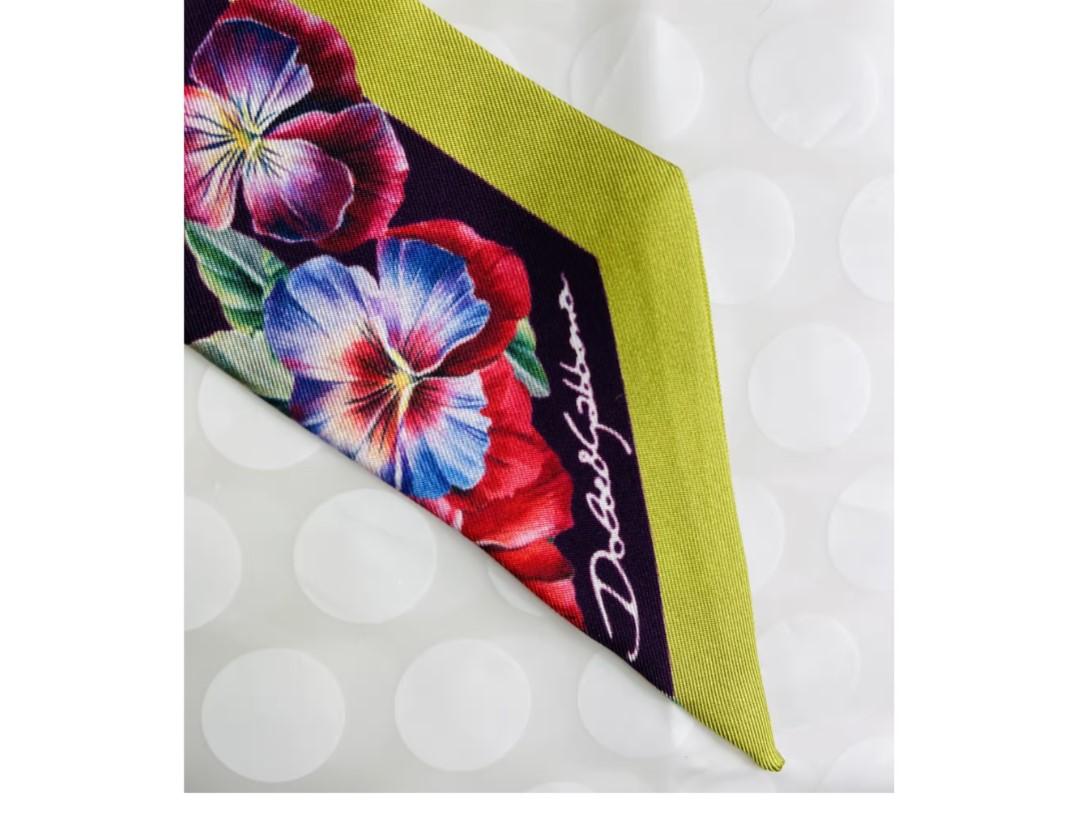 Beige Dolce & Gabbana Multicolor Yellow Silk Floral Mini Scarf Head Tie Bandeau  For Sale