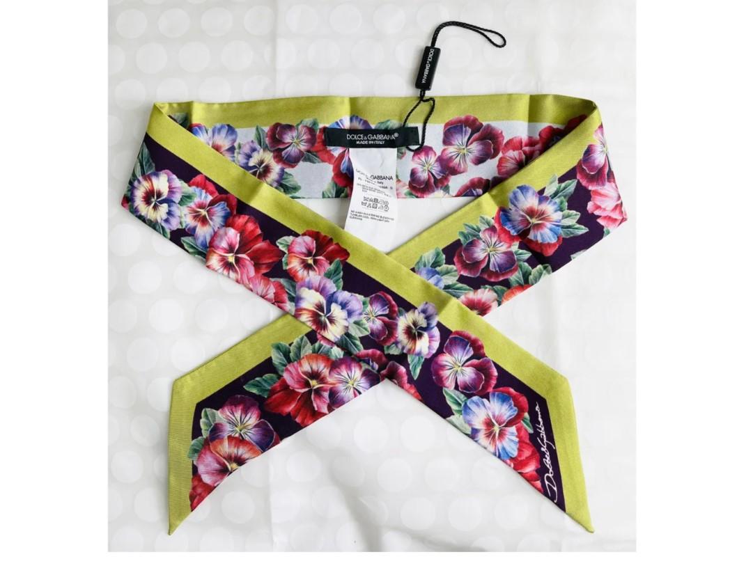 Dolce & Gabbana Multicolor Yellow Silk Floral Mini Scarf Head Tie Bandeau  In New Condition For Sale In WELWYN, GB