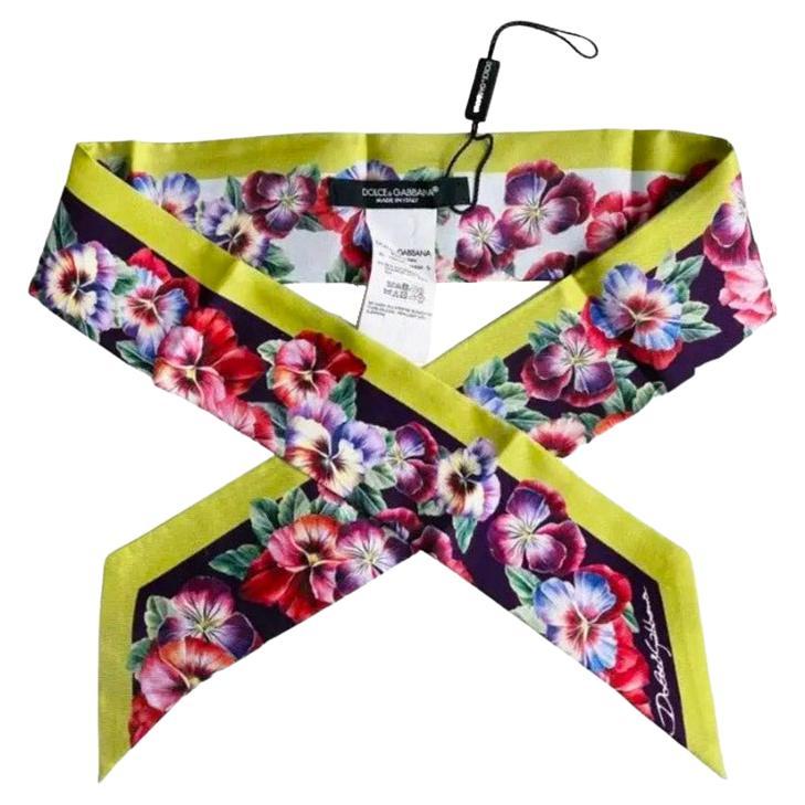 Dolce & Gabbana Multicolor Yellow Silk Floral Mini Scarf Head Tie Bandeau  For Sale