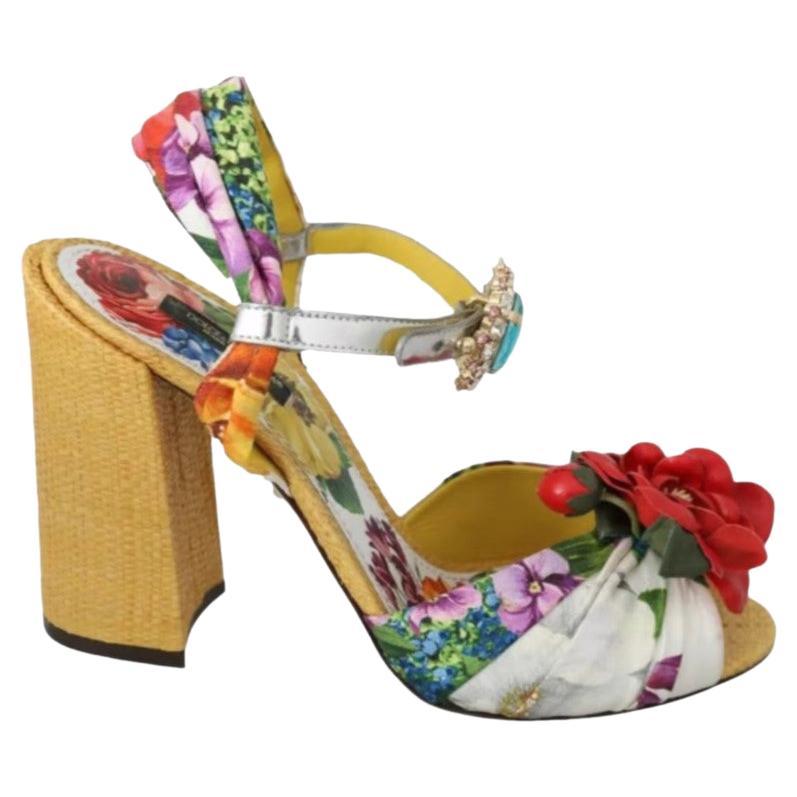 Dolce 
Gabbana Multicolor Yellow Twill Floral Shoes Ankle Strap Sandals Heels