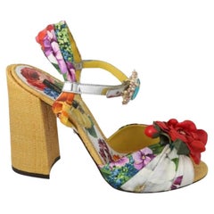Dolce & Gabbana Multicolor Yellow Twill Floral Shoes Ankle Strap Sandals Heels