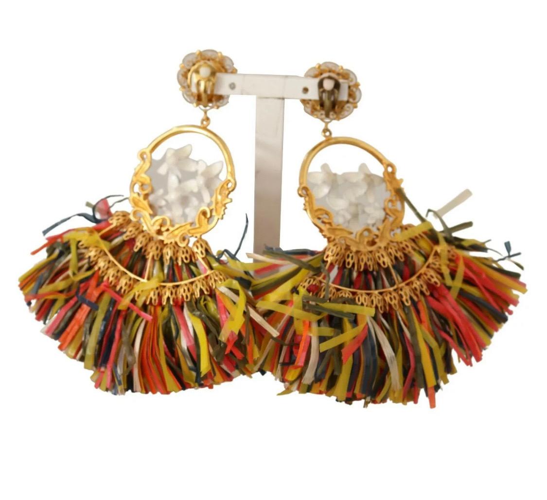 Modern Dolce & Gabbana multicolour Clip-on dangling raffia floral earrings 