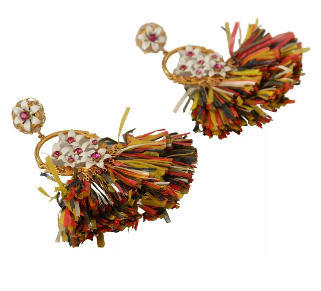 Dolce & Gabbana multicolour Clip-on dangling raffia floral earrings  In New Condition In WELWYN, GB