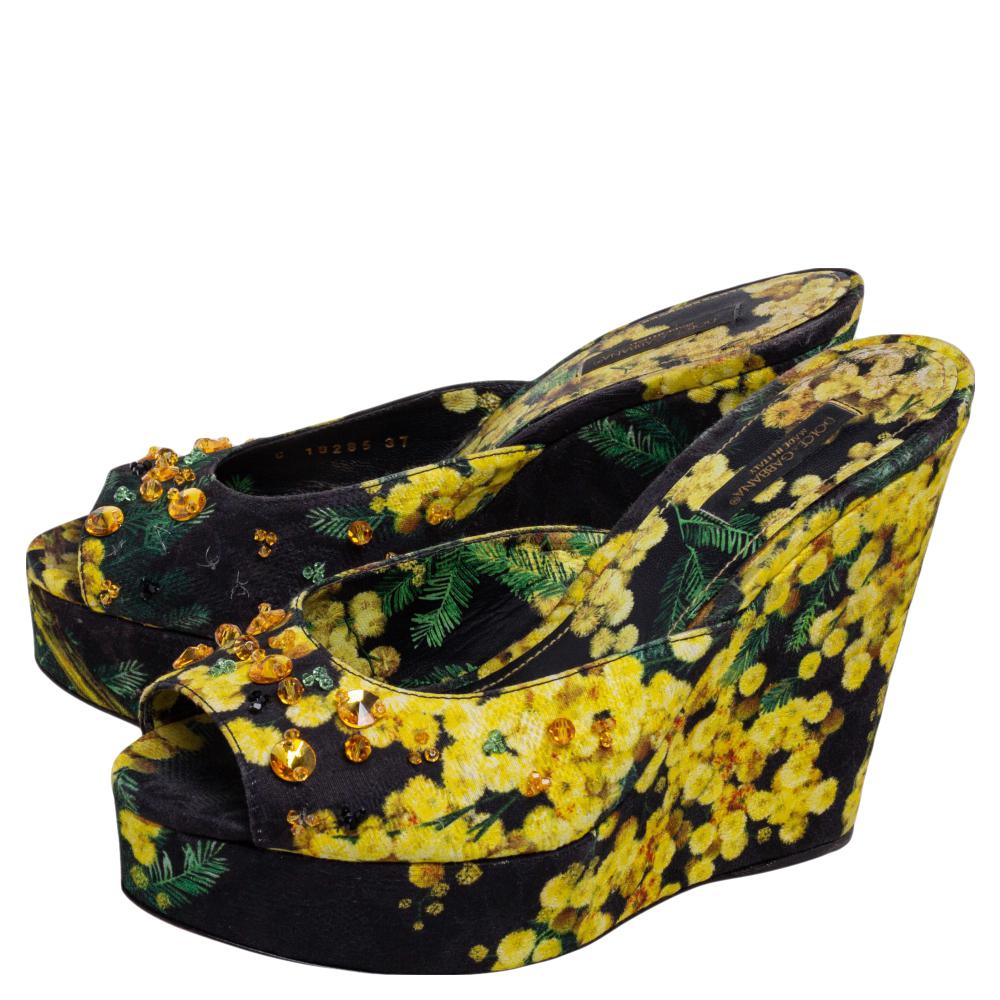 Black Dolce & Gabbana Multicolour Fabric Wedge Platform Sandals Size 37