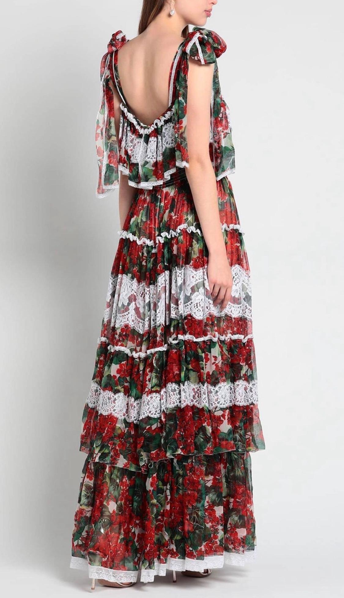 Brown Dolce & Gabbana multicolour floral silk maxi dress fitted with wide frills 