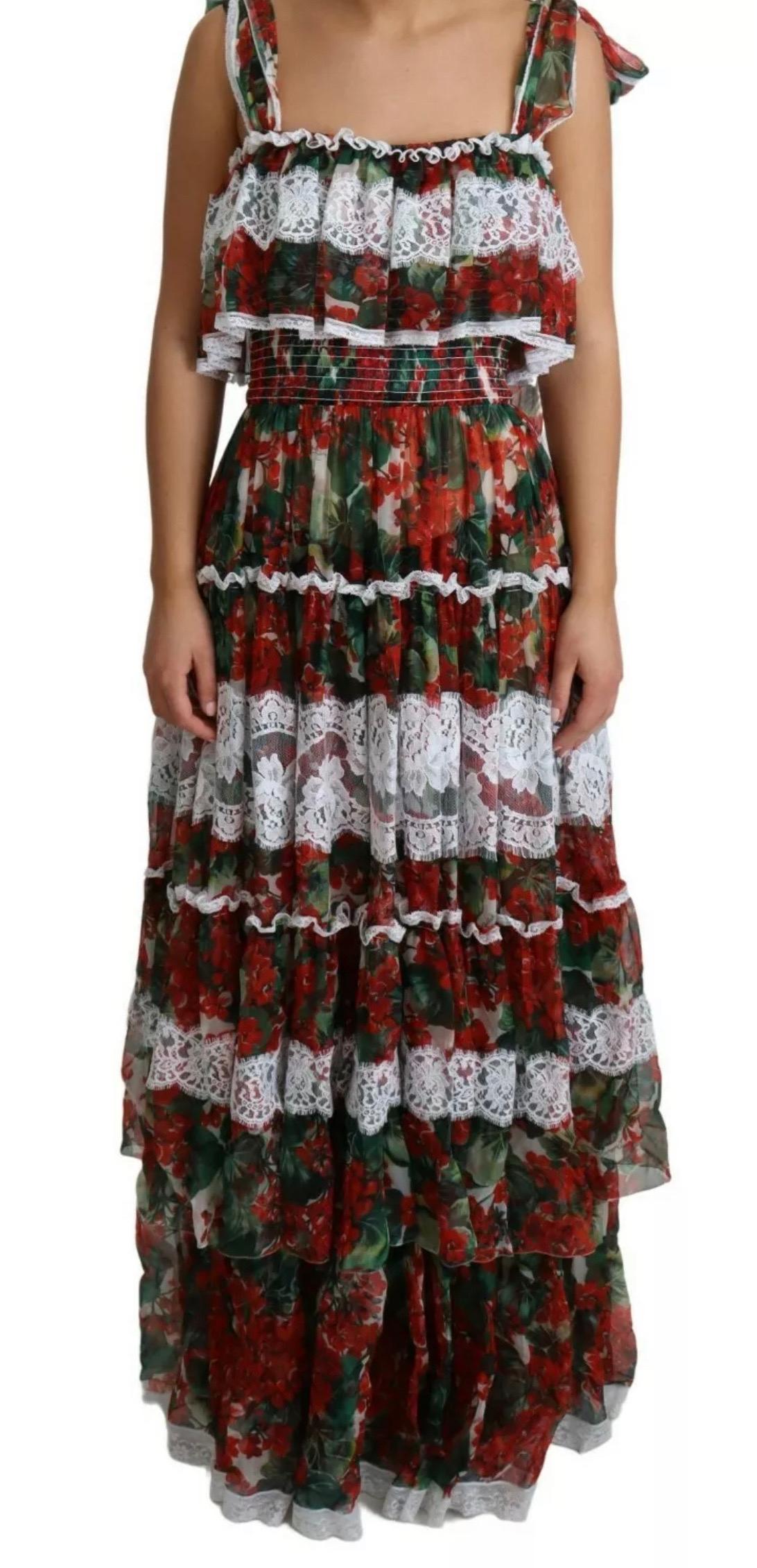 Women's Dolce & Gabbana multicolour floral silk maxi dress fitted with wide frills 