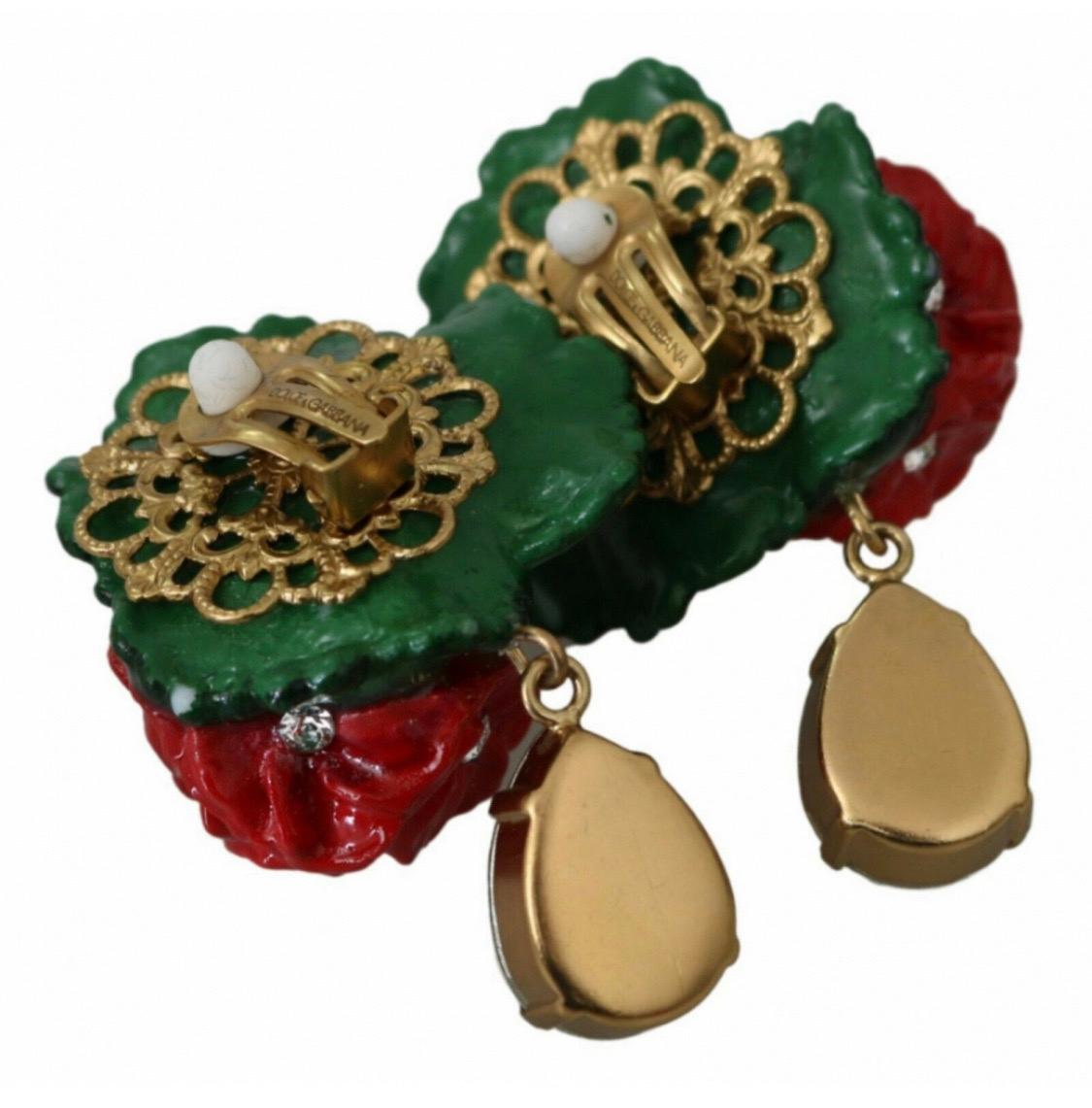 Dolce & Gabbana multicolour red and green metal drop clip on earrings  In New Condition In WELWYN, GB