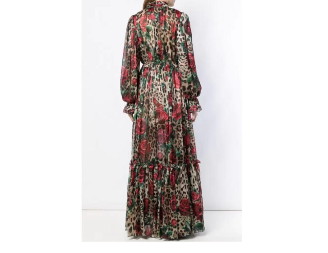 Brown Dolce & Gabbana Multicolour Silk Leopard Rose Floral Maxi Dress Flowers Shiffon