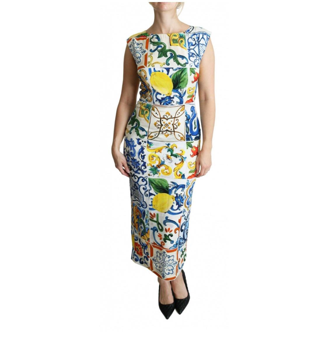 Beige Dolce & Gabbana multicolour silk sheath maxi length informal dress 