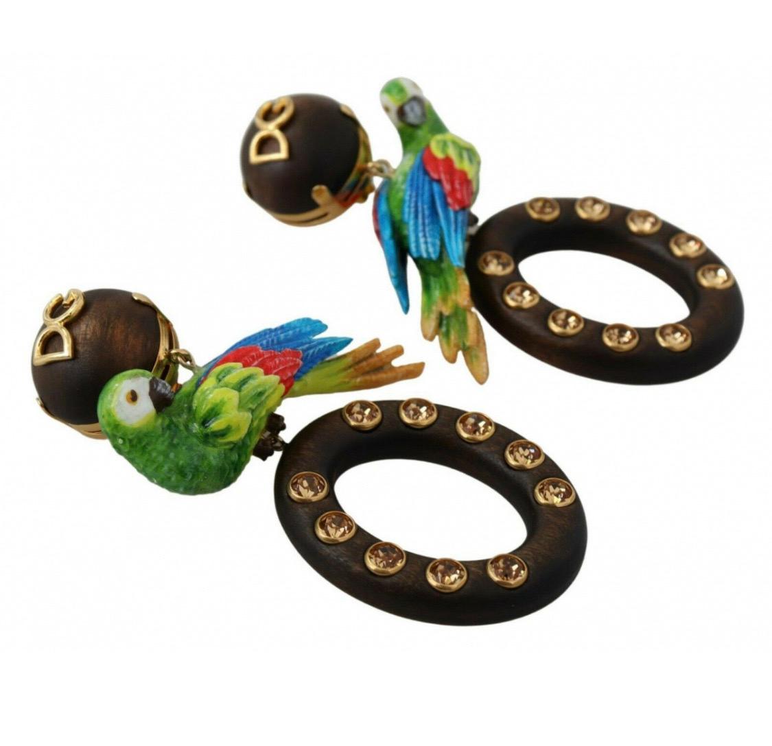 Modern Dolce & Gabbana multicolour wood parrot detail drop earrings For Sale
