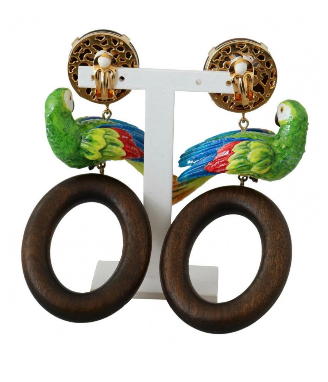 Dolce & Gabbana multicolour wood parrot detail drop earrings In New Condition For Sale In WELWYN, GB