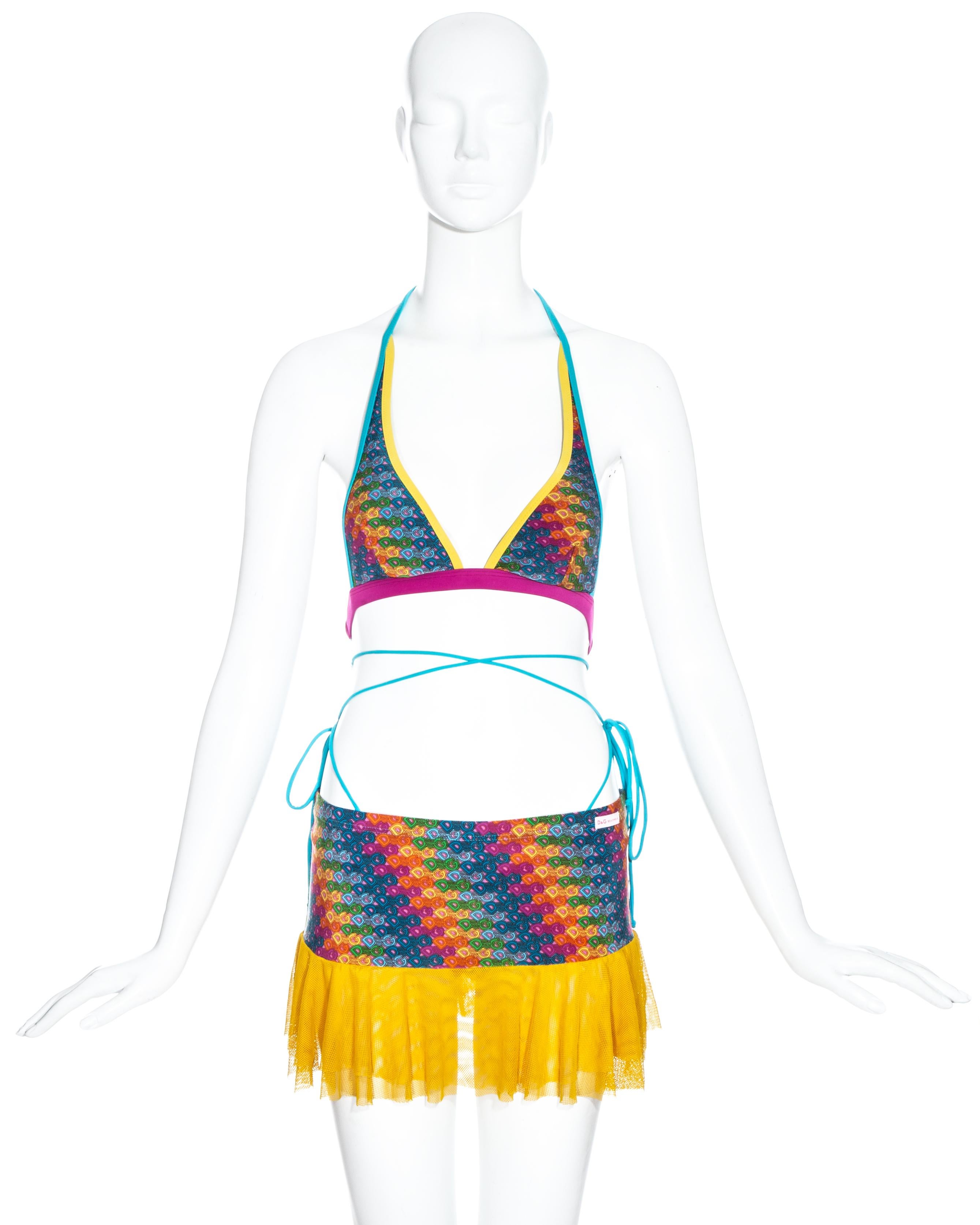 D&G multicoloured monogram bikini with long string fastenings, sold with matching micro mini skirt. 

c. 2000