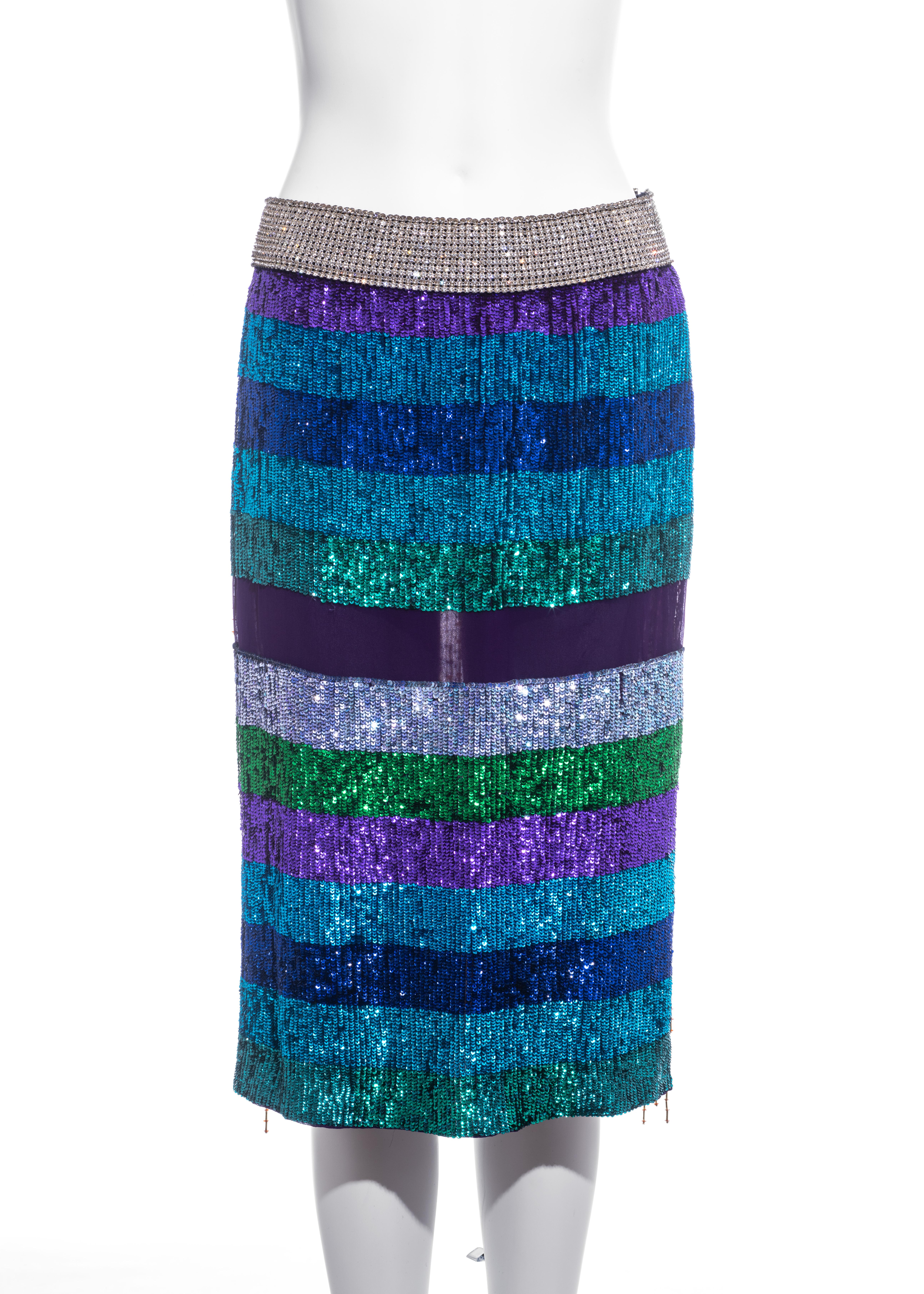 ▪ Striped sequin evening skirt 
▪ Rhinestone mesh waistband 
▪ Tiger print on. back panel with hanging beaded tassels 
▪ 100% silk 
▪ IT 40 - FR 36 - UK 8 - US 4
▪ Spring-Summer 2000