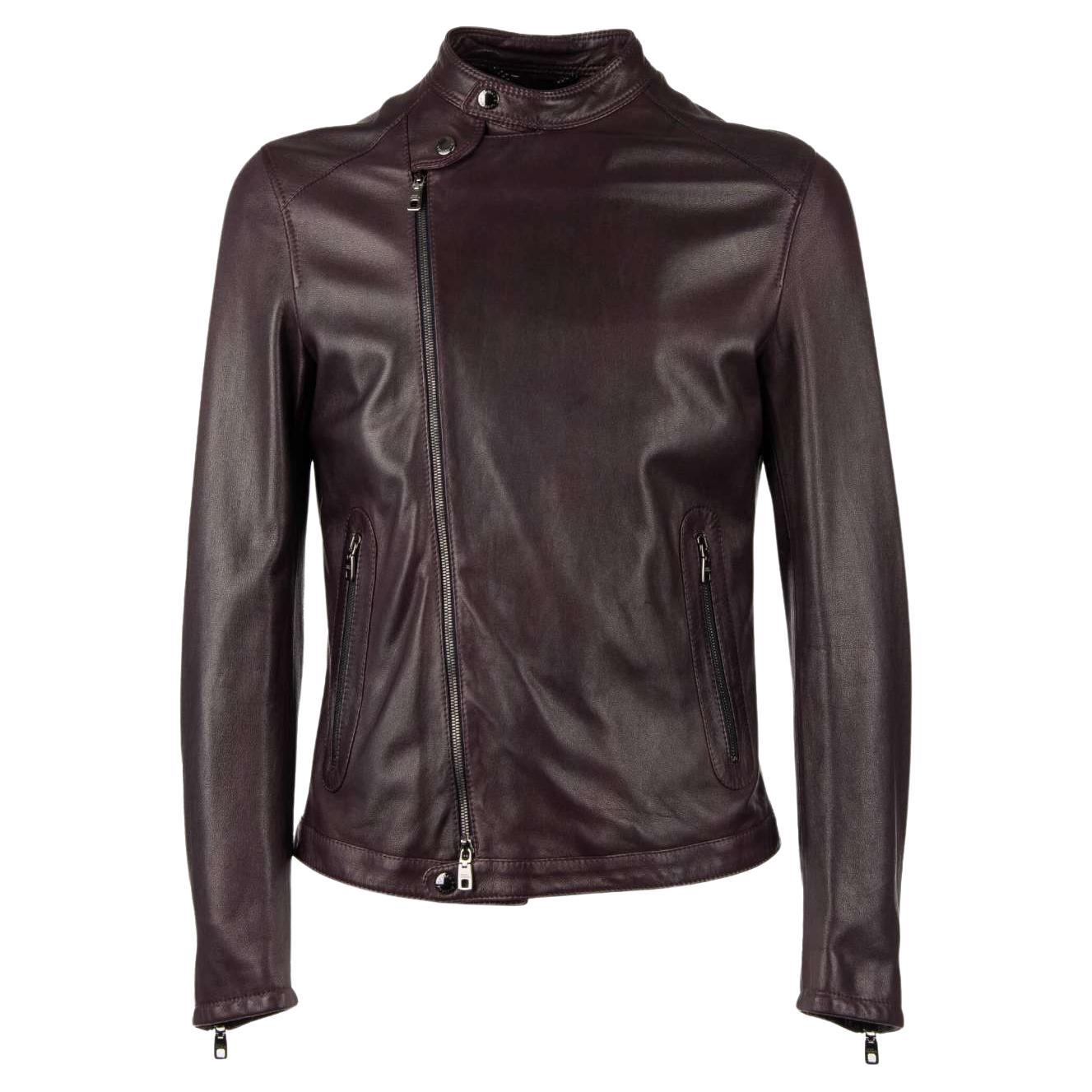 Dolce & Gabbana - Nappa Leather Biker Jacket with Pockets Purple 48 For Sale