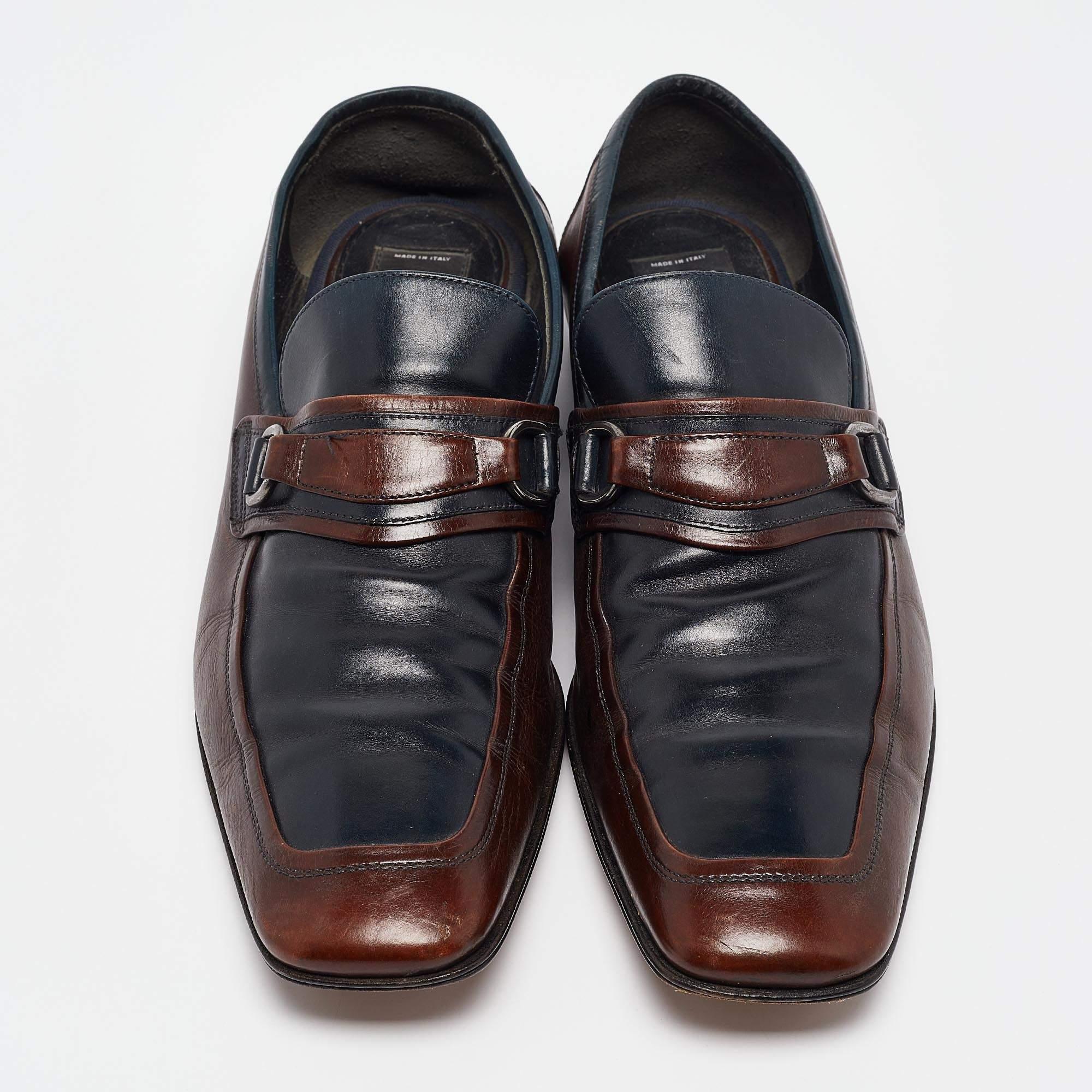 Black Dolce & Gabbana Navy Blue/Brown Leather Buckle Loafers Size 42.5