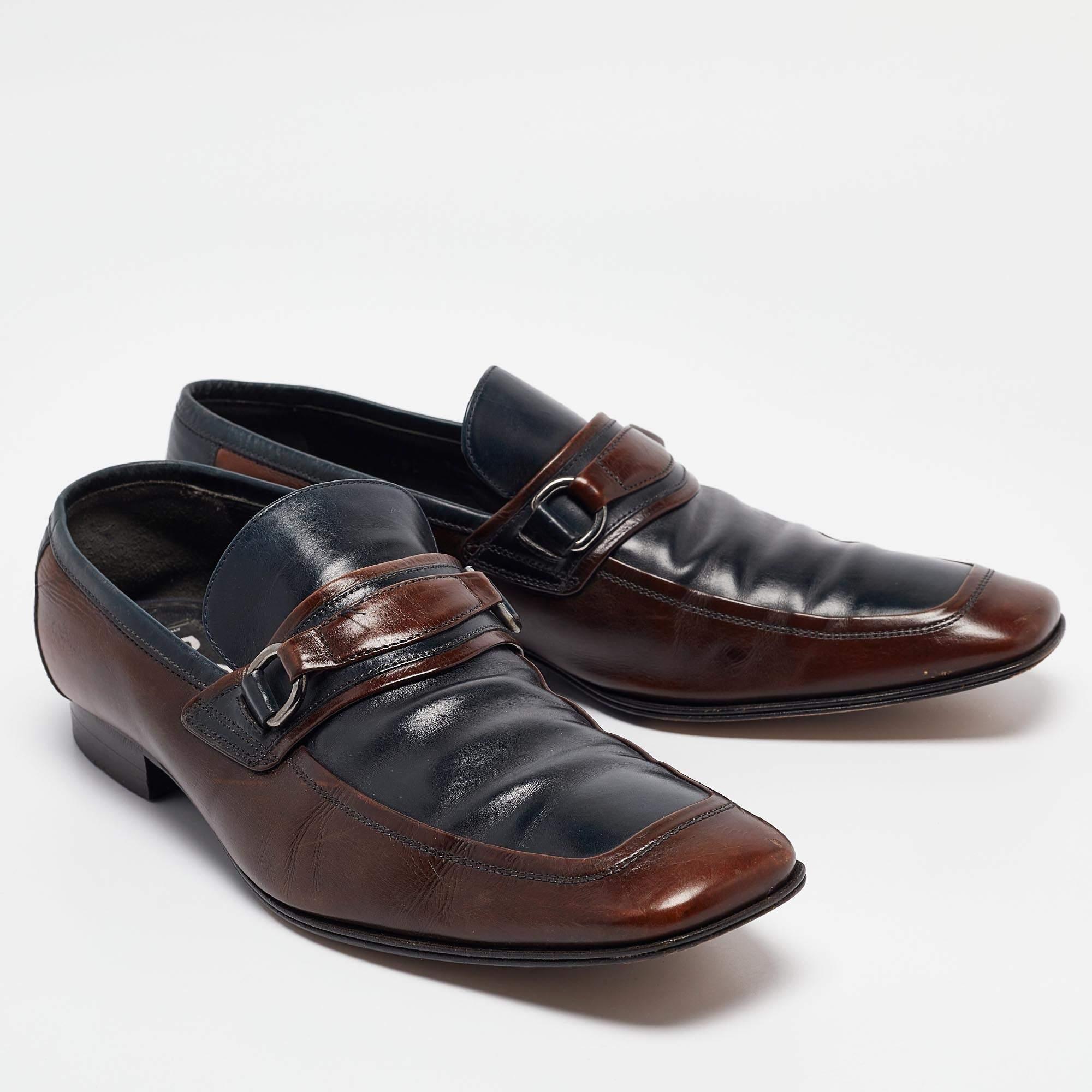 Dolce & Gabbana Navy Blue/Brown Leather Buckle Loafers Size 42.5 In Fair Condition In Dubai, Al Qouz 2
