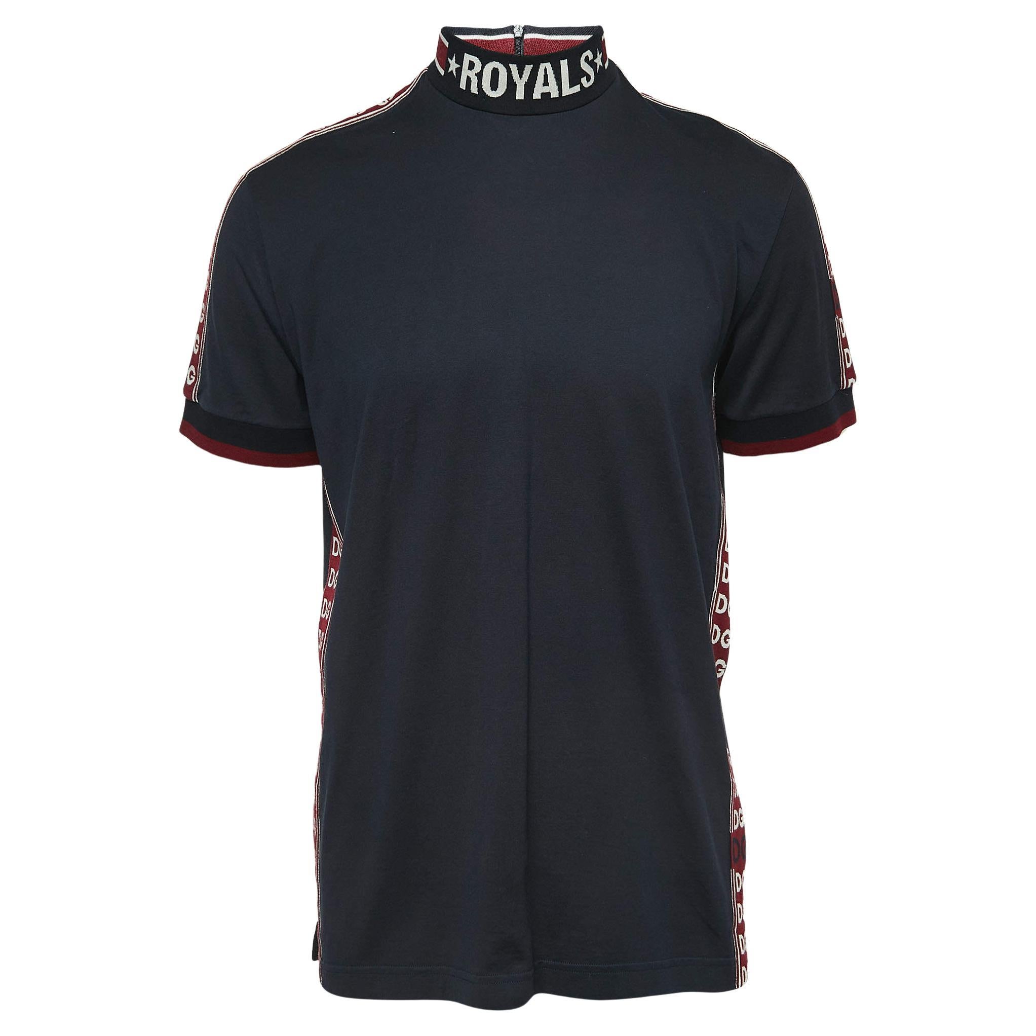 Dolce and Gabbana Navy Blue Cotton Logo Tape Detailed Turtle Neck T ...